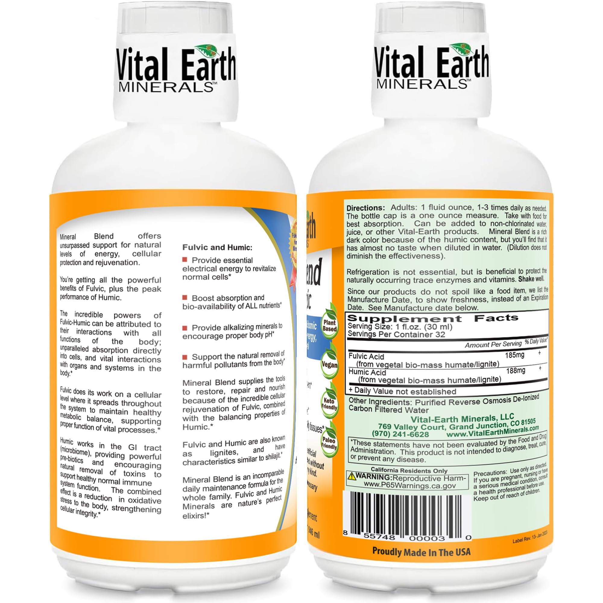 Vital Earth Minerals, primer plano del líquido fulvico-humico de color claro.