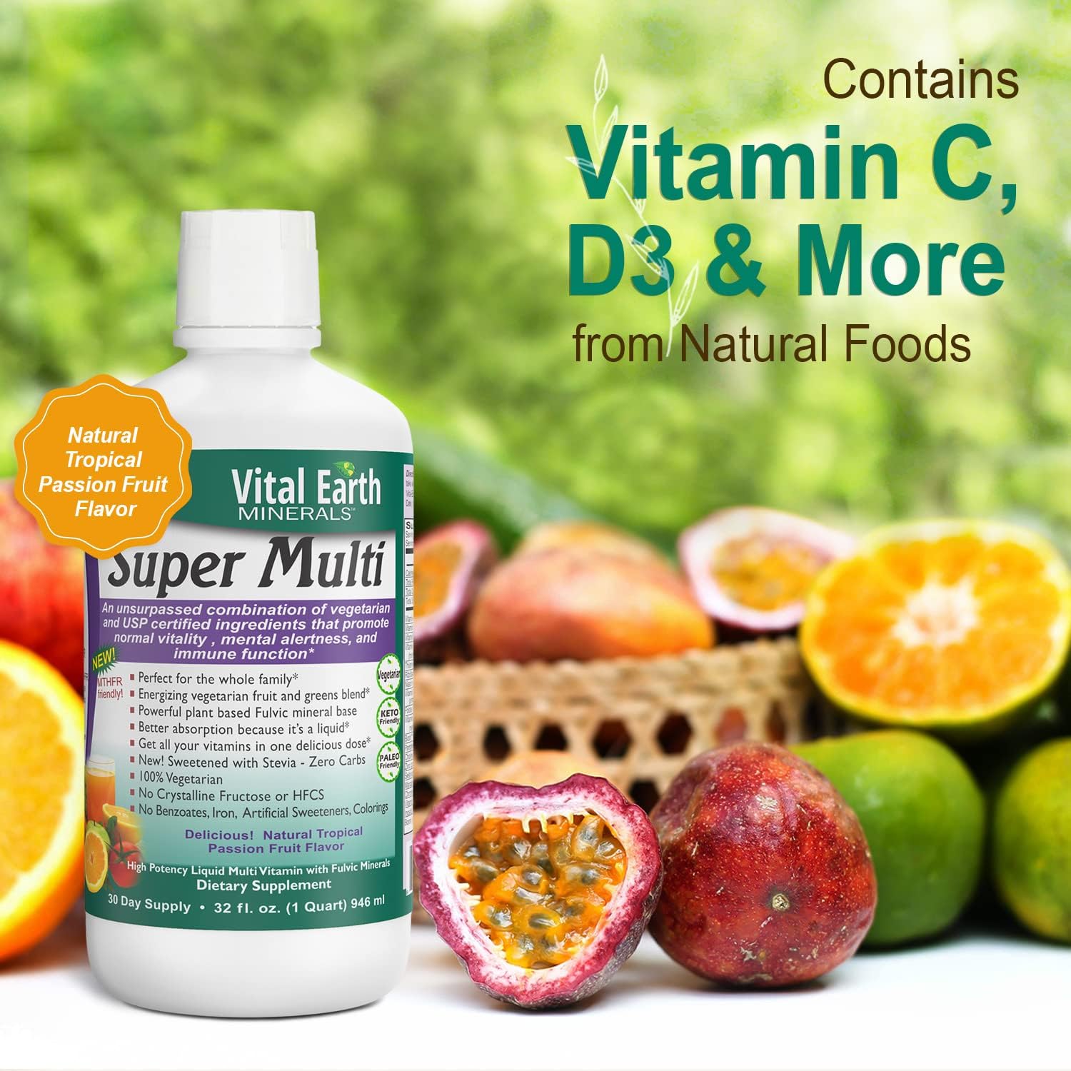 Vital Earth Minerals Super Multi – líquido claro con ácido fúlvico para mejor absorción.