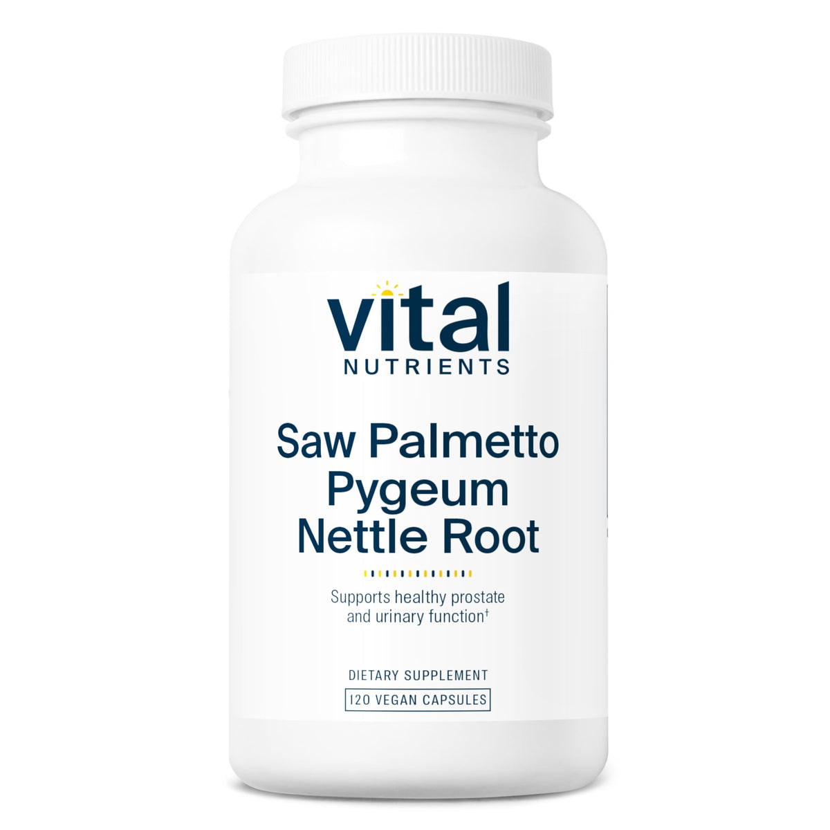 Vital Nutrients Serenoa Repens en botella, apoyo potencial para función prostática diaria.