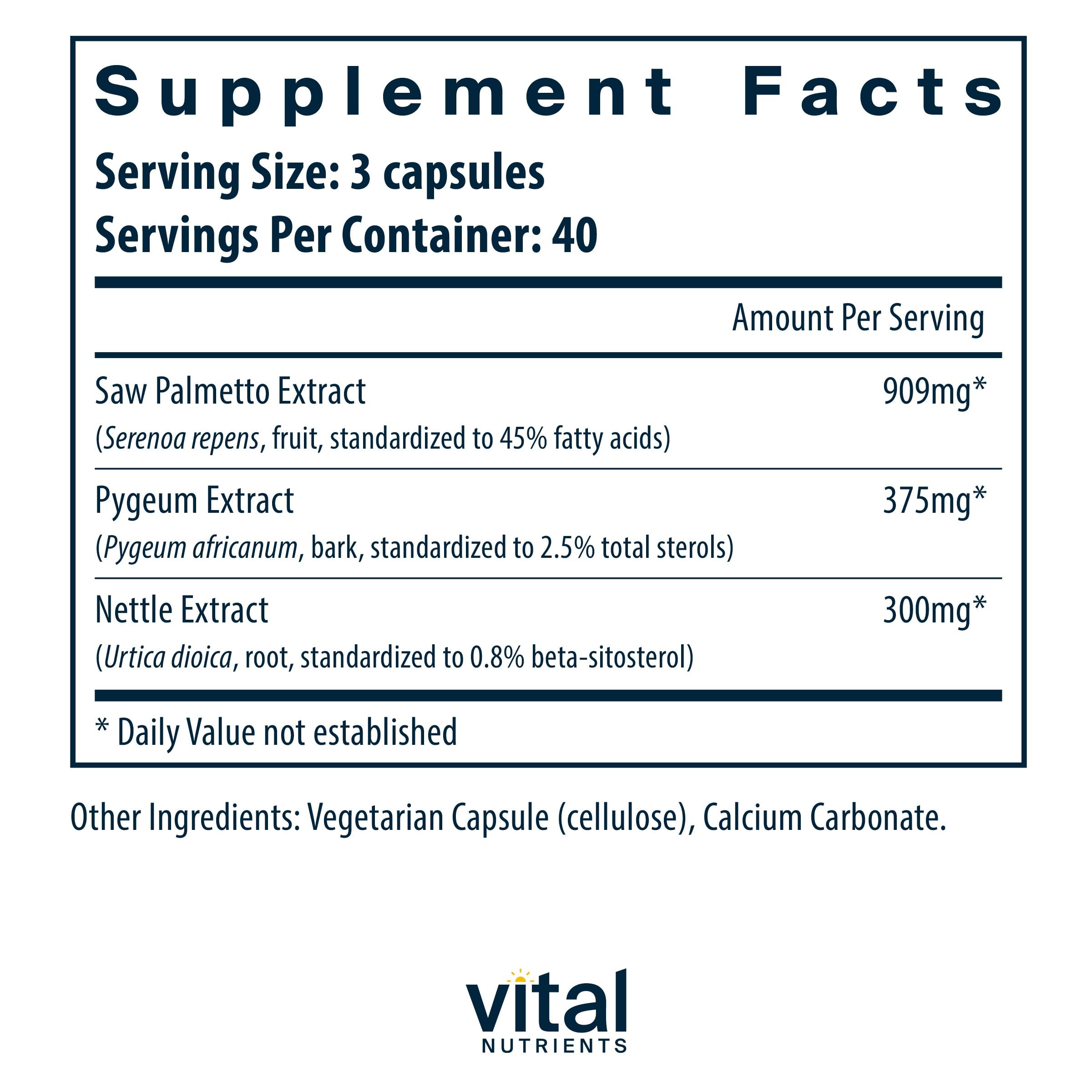 Vital Nutrients cápsulas de Serenoa Repens para uso diario y bienestar urinario.