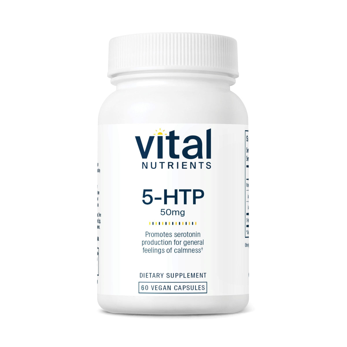 Vital Nutrients 5-HTP: frasco con etiqueta legible para confianza en la compra.