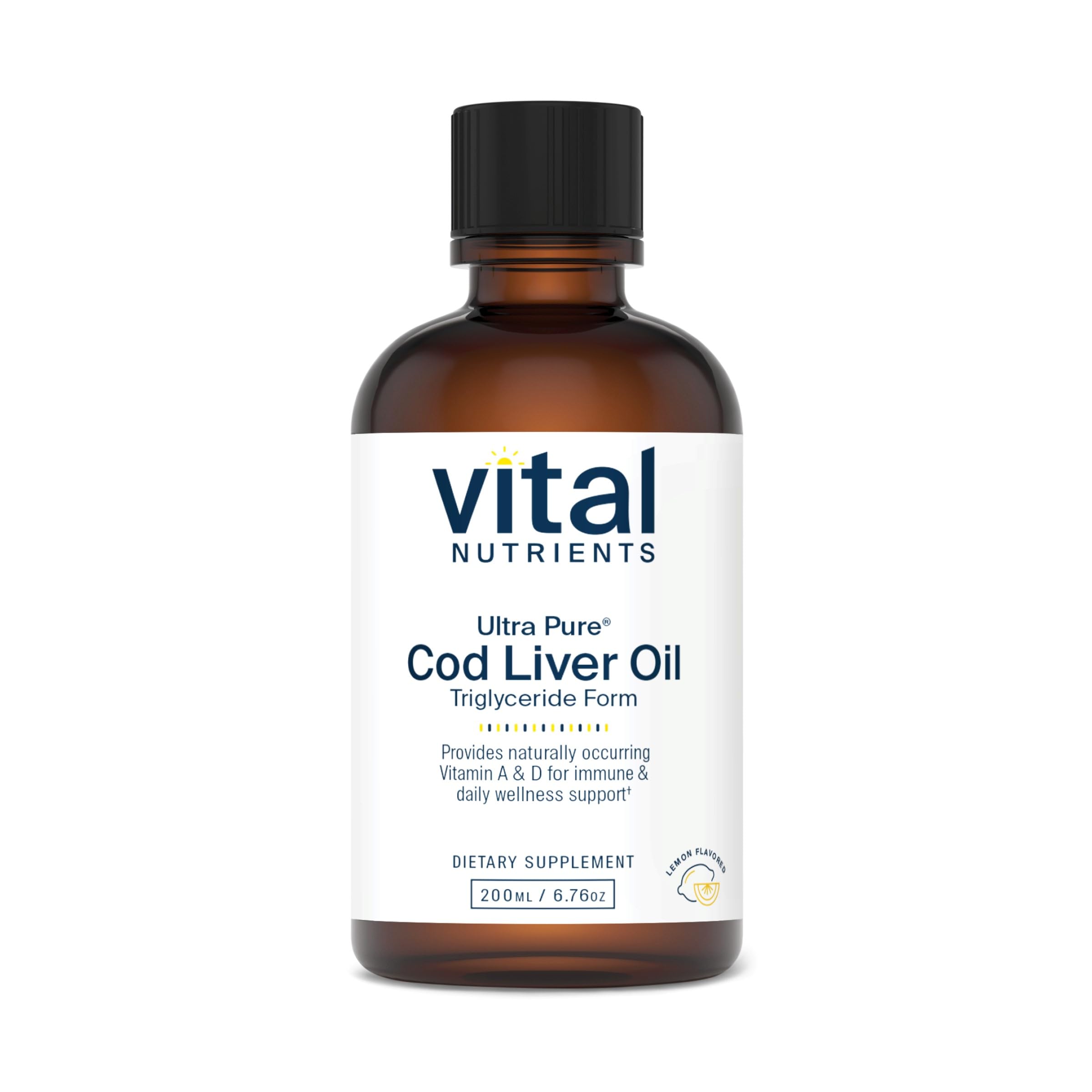 Vital Nutrients Aceite de hígado de bacalao 1025, botella, fuente de Omega-3 para bienestar diario.