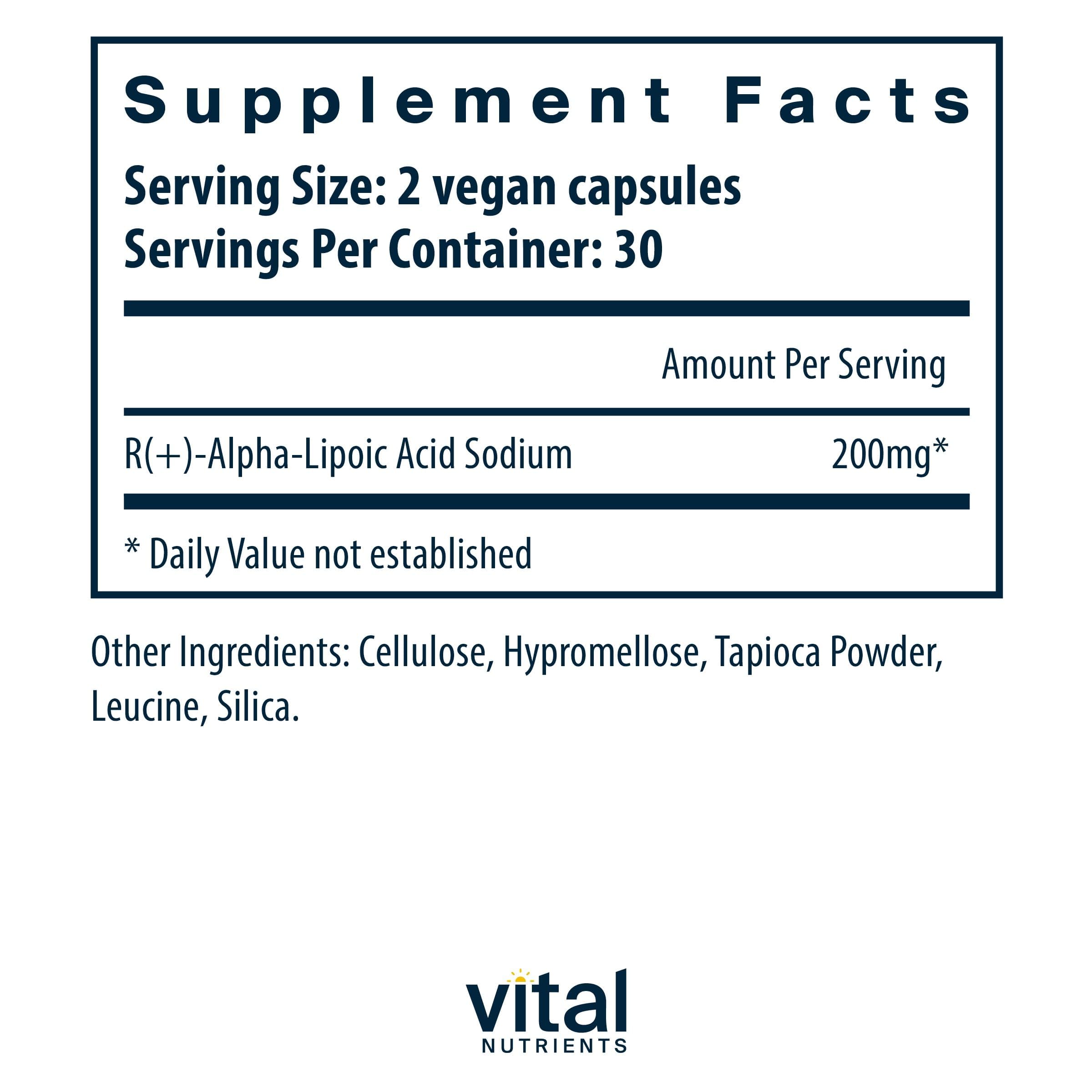 Vital Nutrients R-Lipoic Acid, cápsula activa favorece metabolismo saludable.