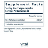 Vital Nutrients R-Lipoic Acid, cápsula activa favorece metabolismo saludable.