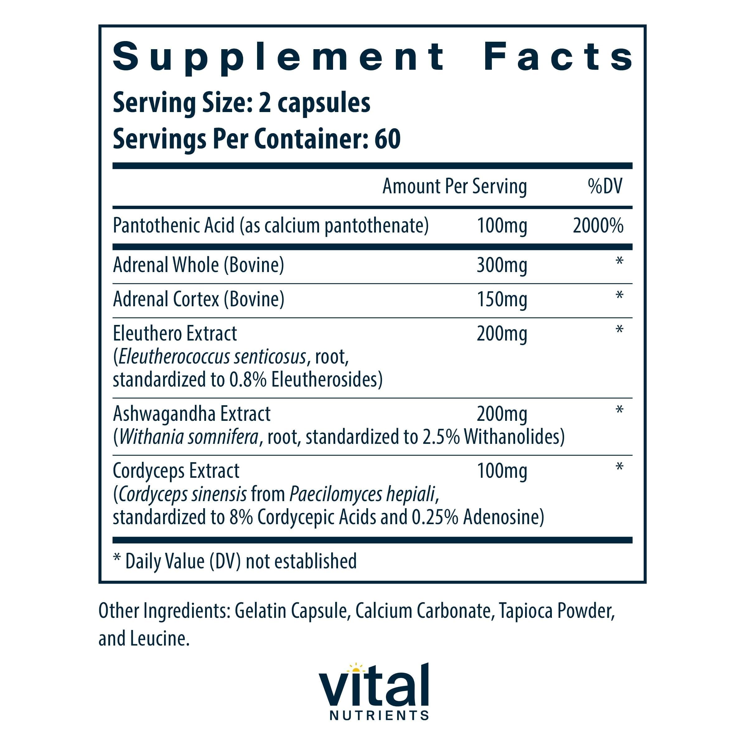 Vital Nutrients Apoyo Adrenal - cápsulas mostradas para soporte del estrés diario.