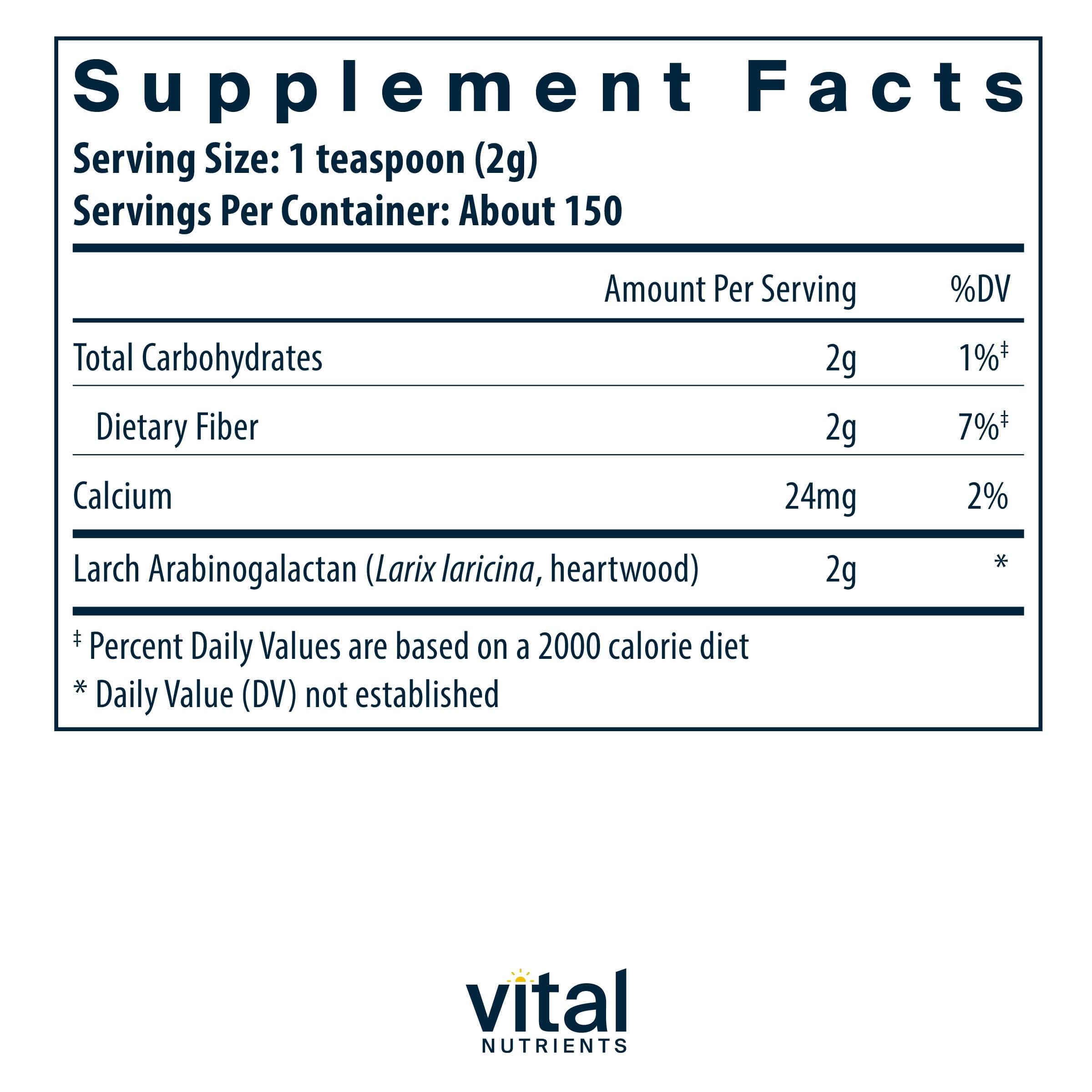 Vital Nutrients Arabinogalactan, cucharada para batidos que promueven la salud digestiva.