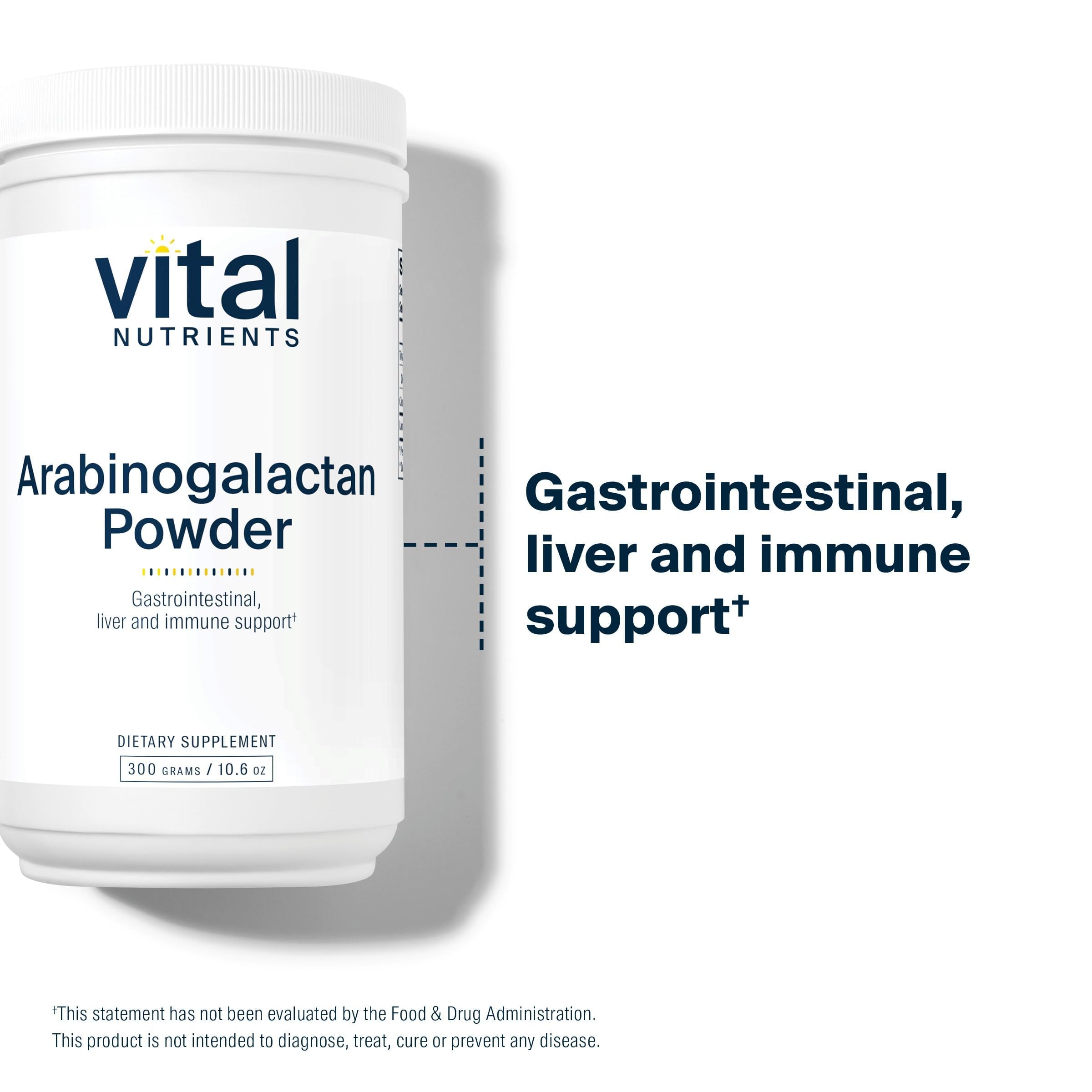 Vital Nutrients Arabinogalactan, etiqueta que destaca fórmula vegana y sin alérgenos.
