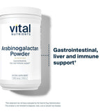 Vital Nutrients Arabinogalactan, primer plano de etiqueta enfocado en pureza.