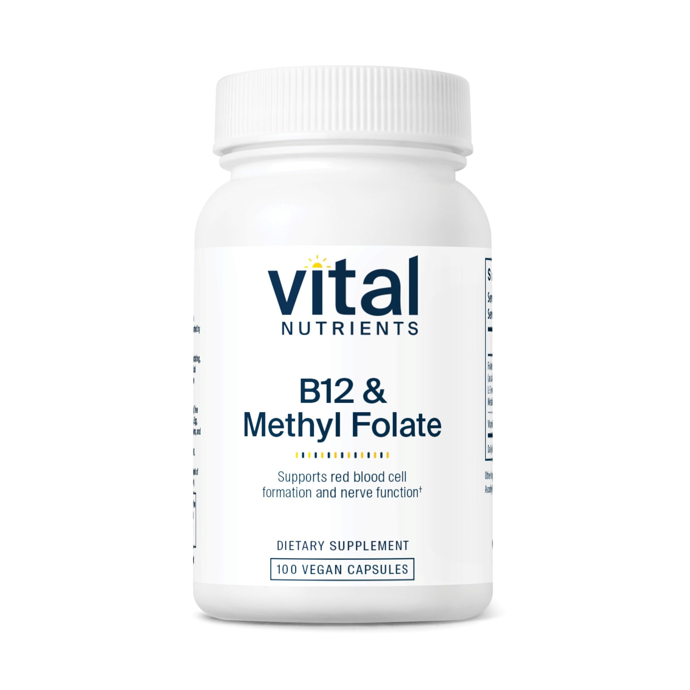 Vital Nutrients B12 y Metilfolato en envase, ideal para uso diario.