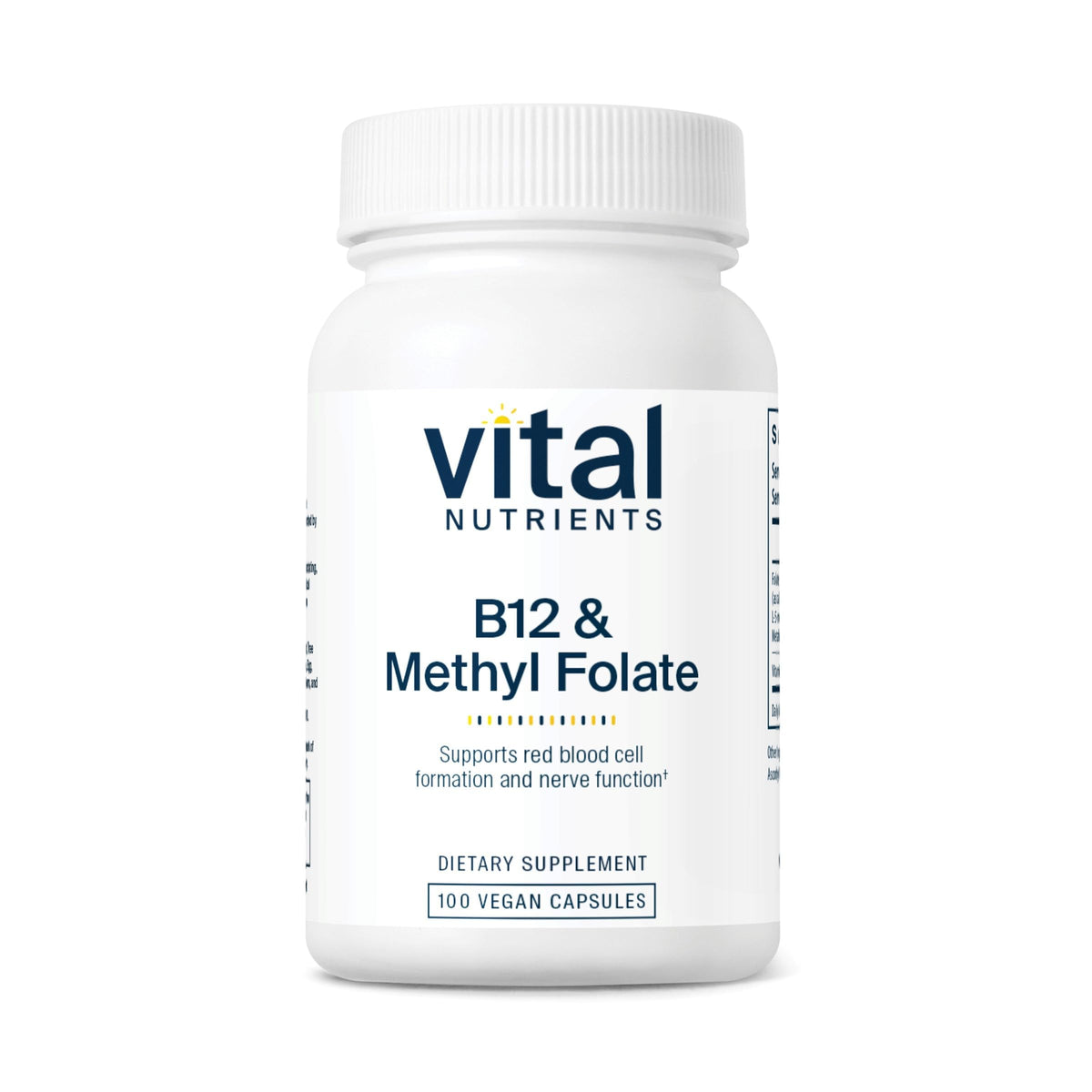 Vital Nutrients B12 y Metilfolato en envase, ideal para uso diario.