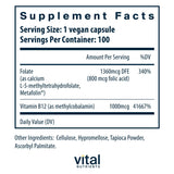 Vital Nutrients etiqueta legible con B12 y Metilfolato para revisar ingredientes.