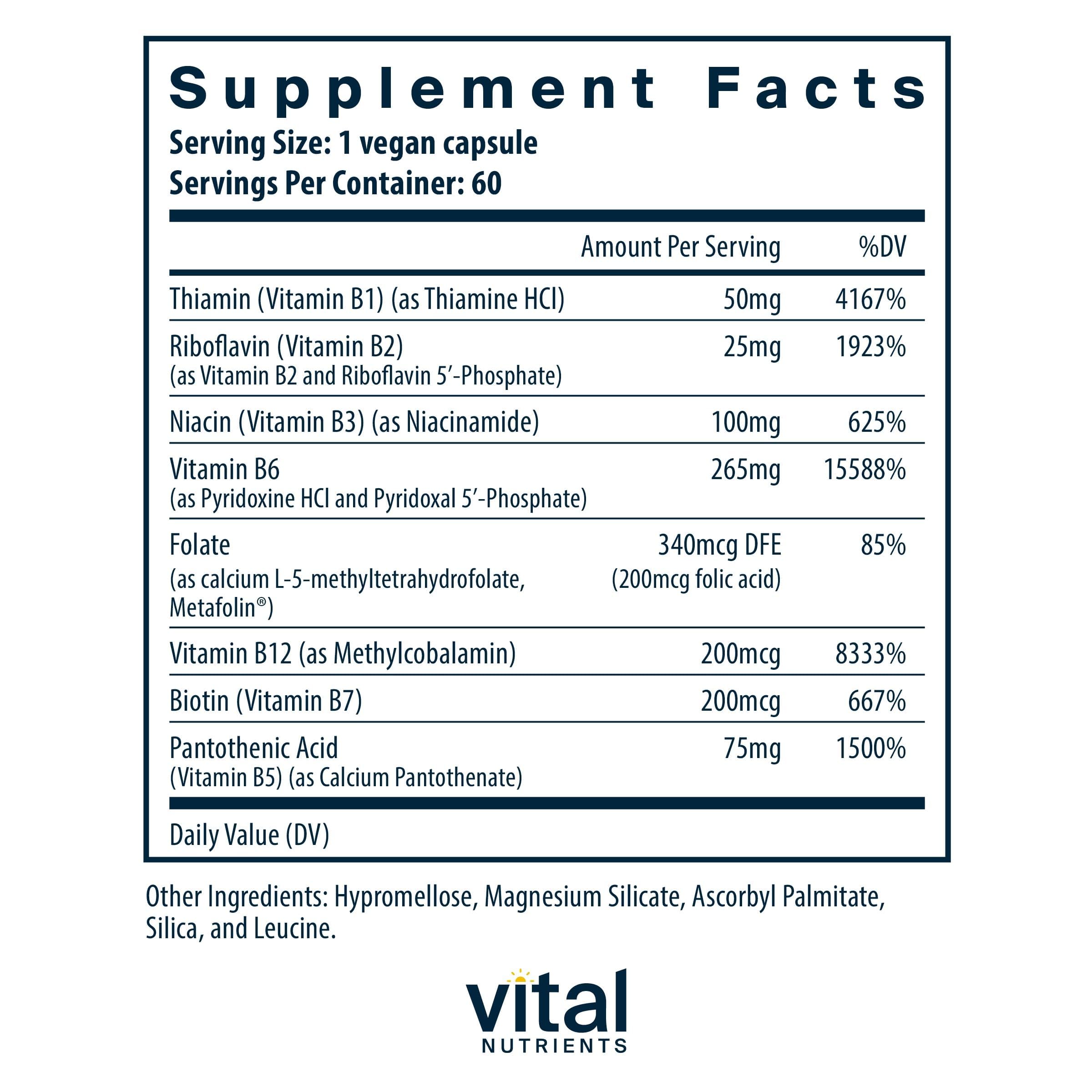 Vital Nutrients B6 B-Complex etiqueta: información clara de ingredientes y beneficios.