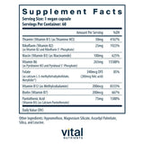 Vital Nutrients B6 B-Complex etiqueta: información clara de ingredientes y beneficios.