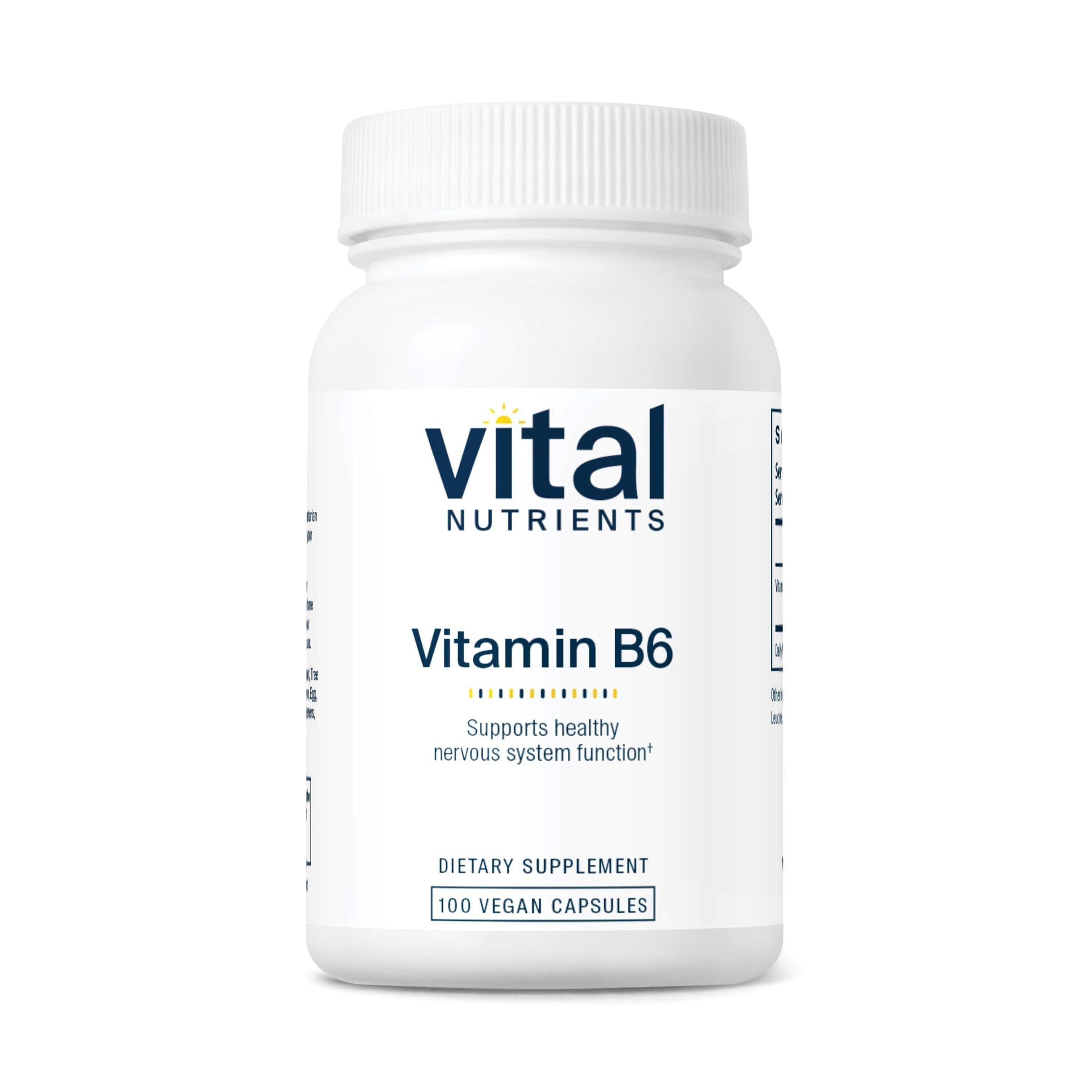 Vital Nutrients B6 vegana: frasco de cápsulas para apoyar el sistema nervioso.