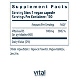 Vital Nutrients B6 vegana: etiqueta que resalta pureza y origen vegano.
