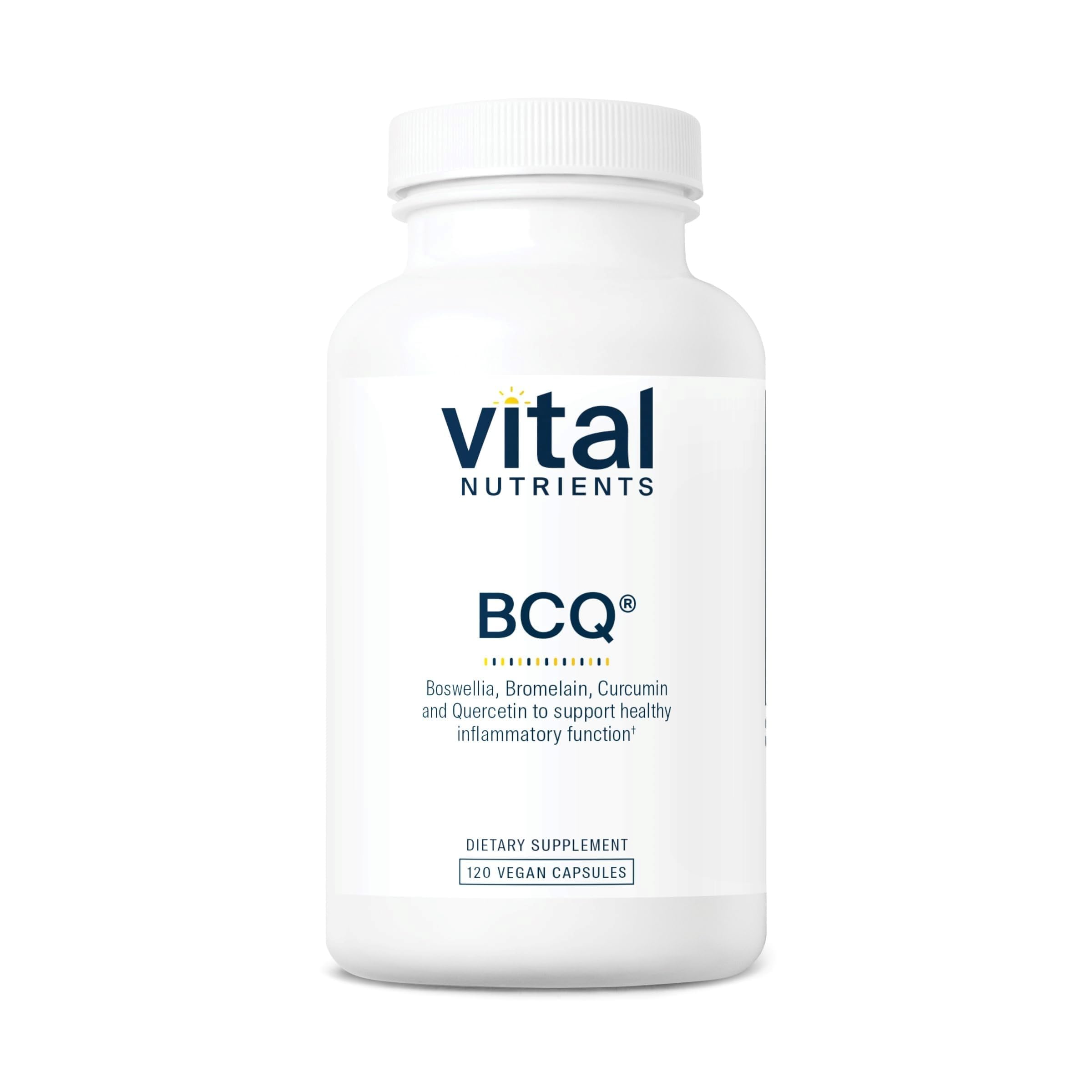 Vital Nutrients BCQ: botella de cápsulas para apoyo articular y digestivo diario.