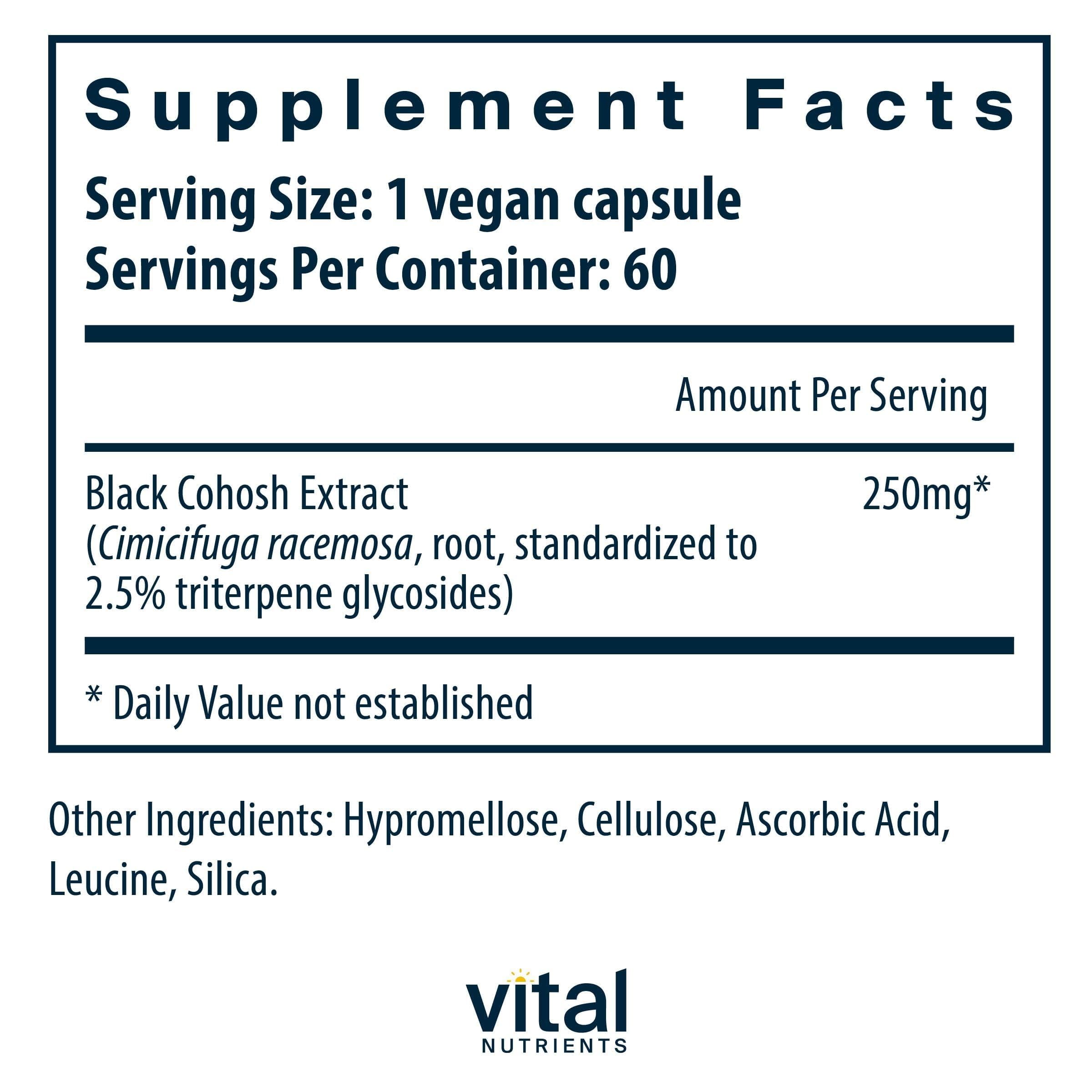 Frasco de Vital Nutrients Black Cohosh Extract para apoyo ocasional durante PMS.