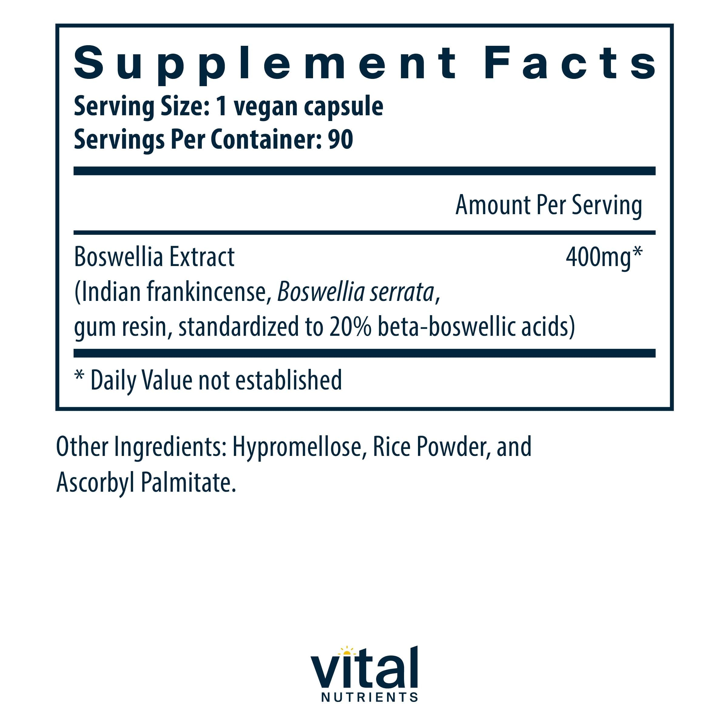 Vital Nutrients Boswellia, cápsulas en bote, favorece movilidad articular y salud digestiva.