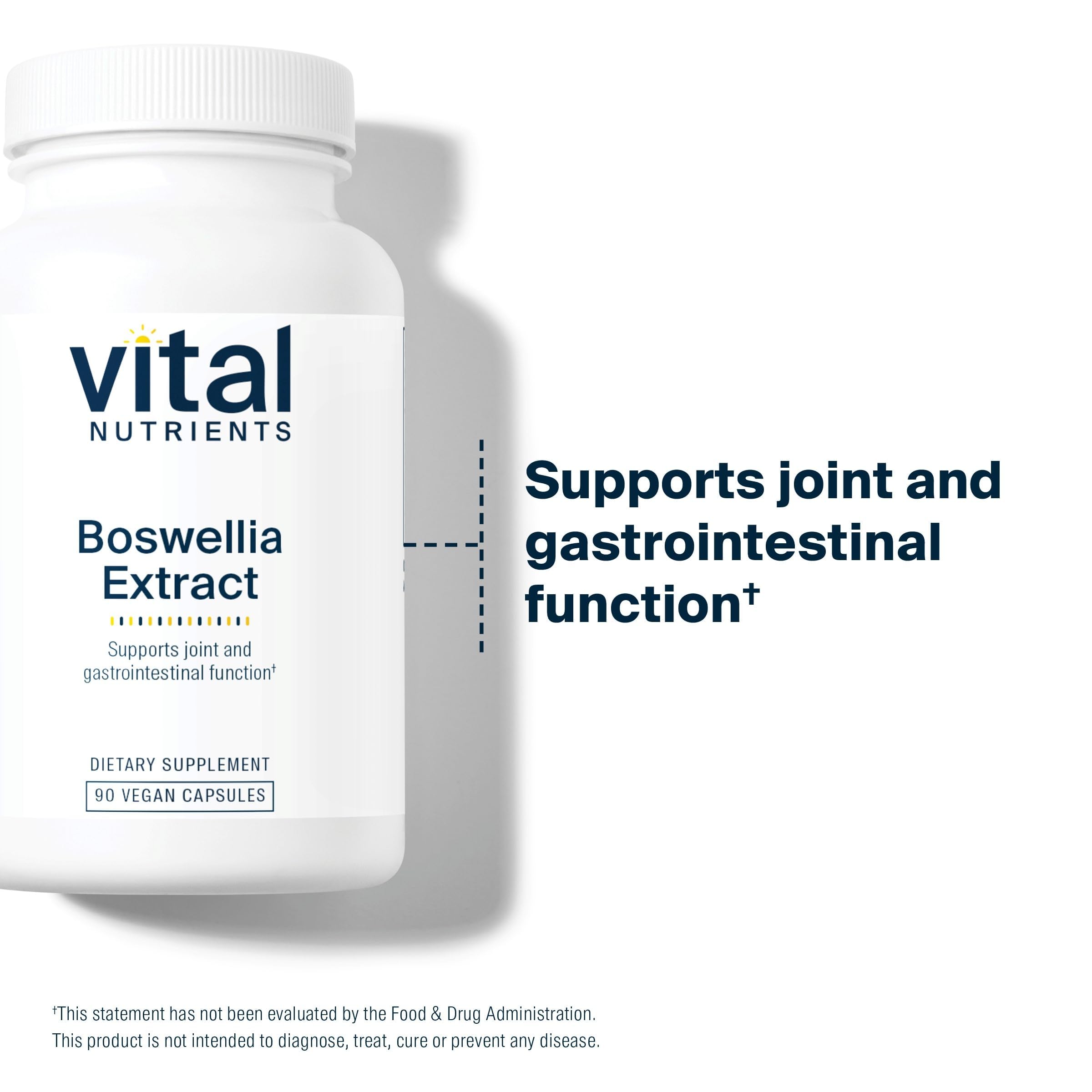 Vital Nutrients Boswellia, caja abierta, muestra fórmula vegana y sin alérgenos.