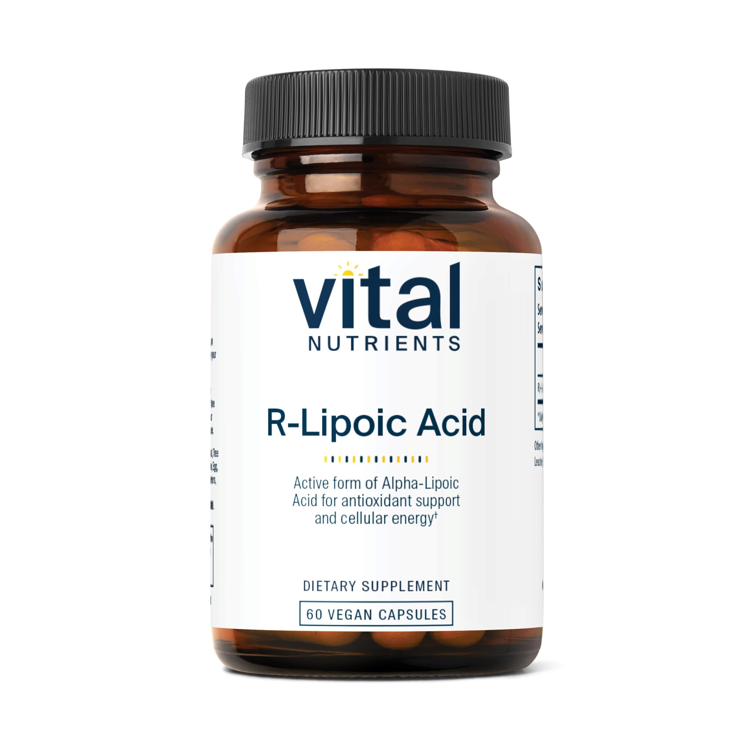 Vital Nutrients R-Lipoic Acid en botella de cápsulas, apoya energía diaria.