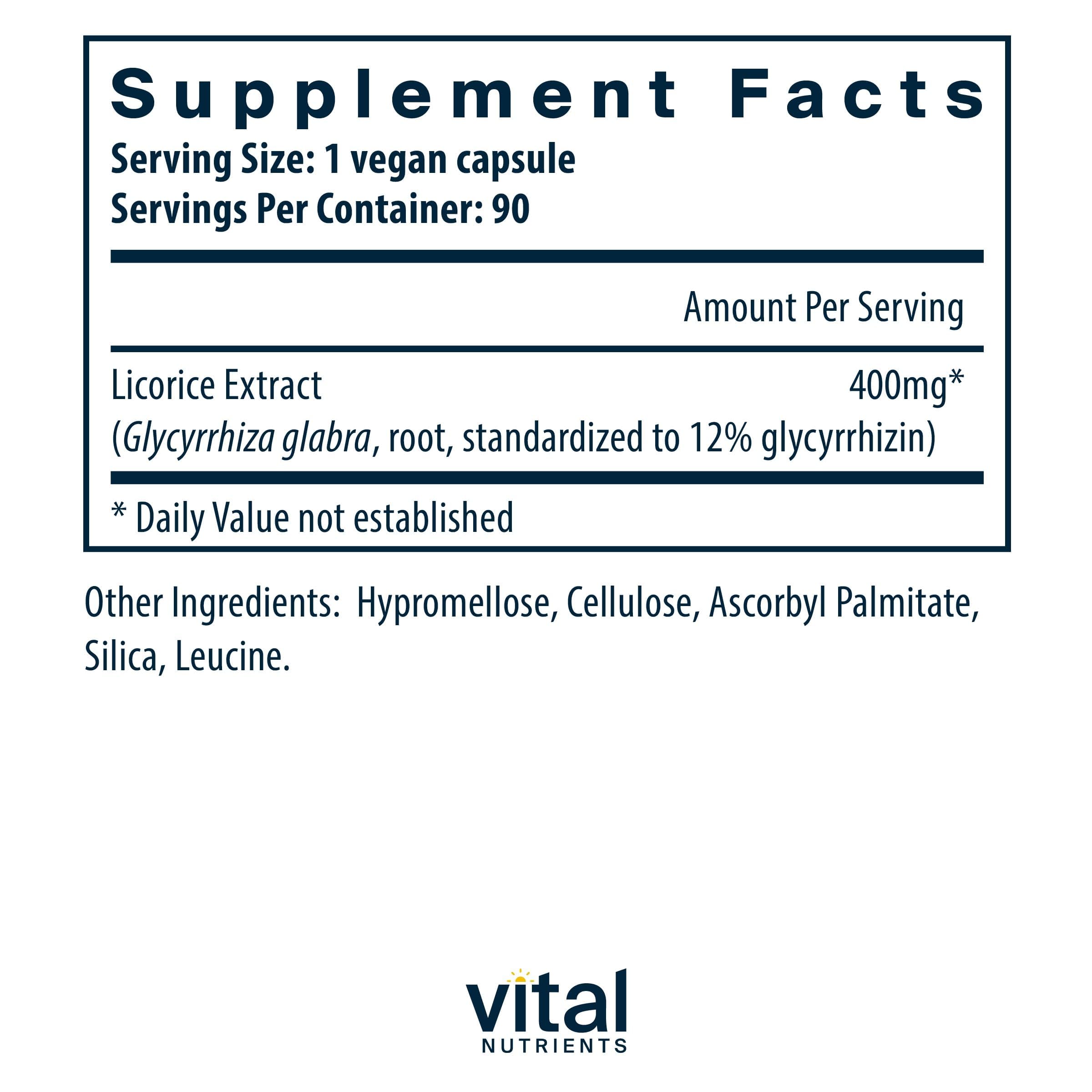 Vital Nutrients botella regaliz 400 mg, uso diario sencillo.