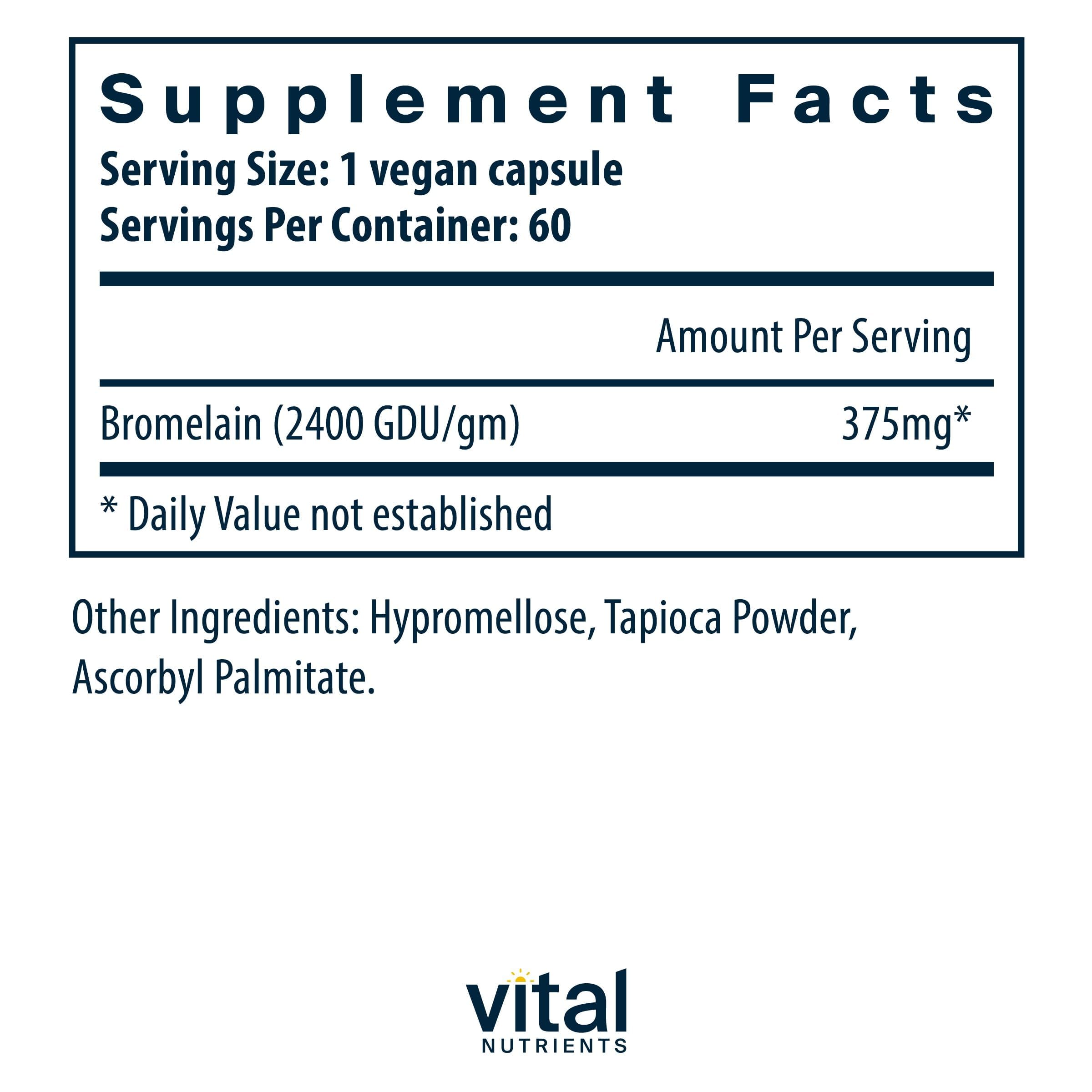 Vital Nutrients Bromelina en bote con etiqueta clara para ingesta confiable.