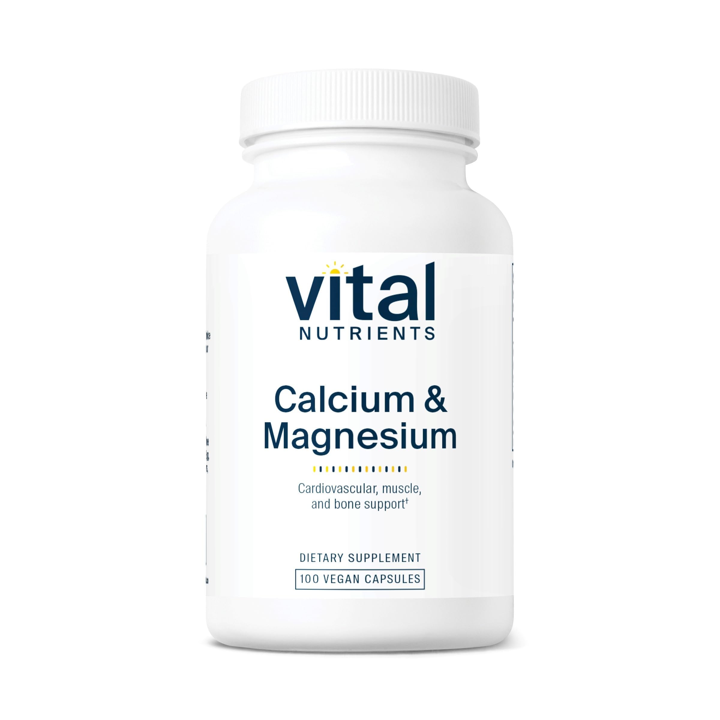 Vital Nutrients calcio magnesio vegano: botella volcada para dosificación diaria.