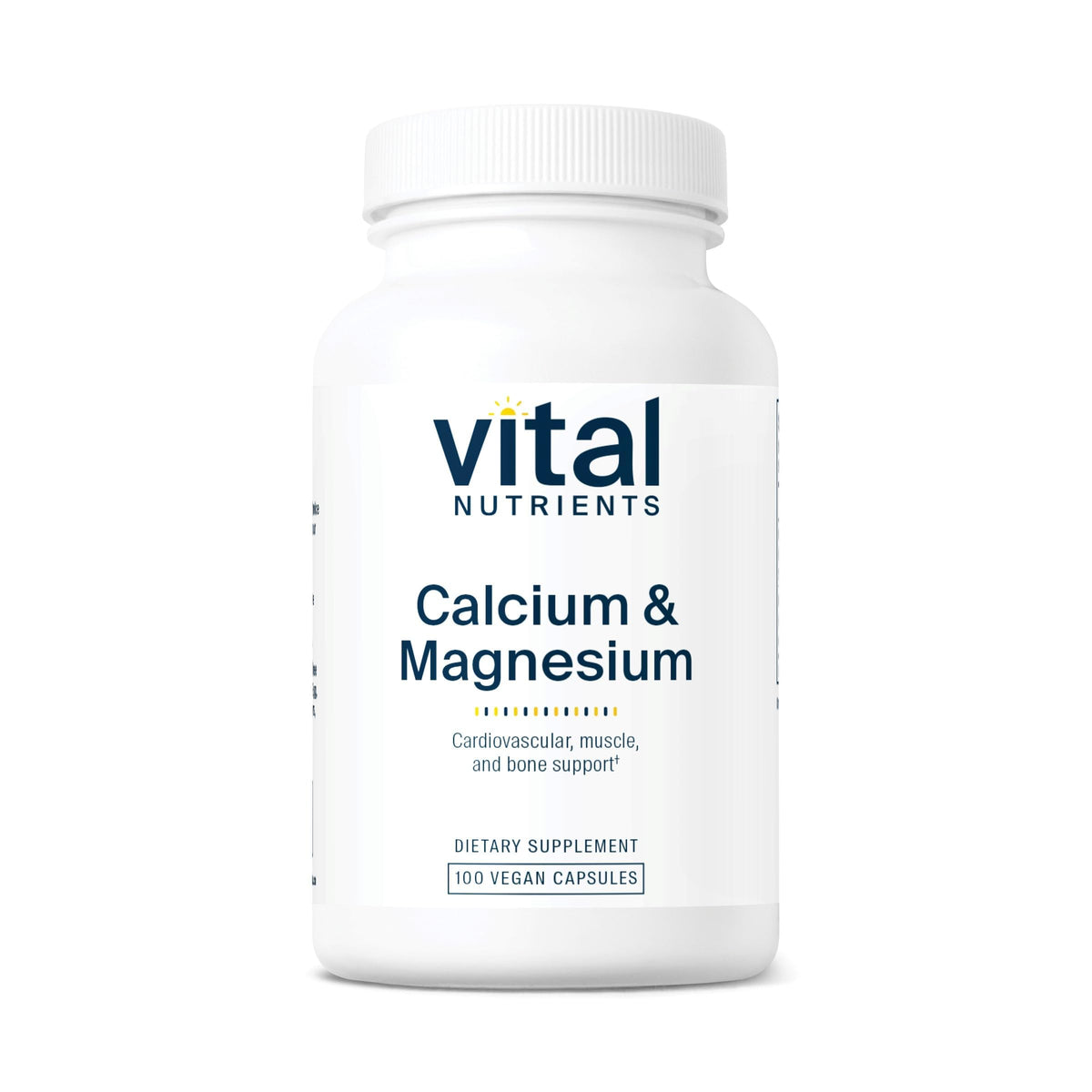 Vital Nutrients calcio magnesio vegano: botella volcada para dosificación diaria.