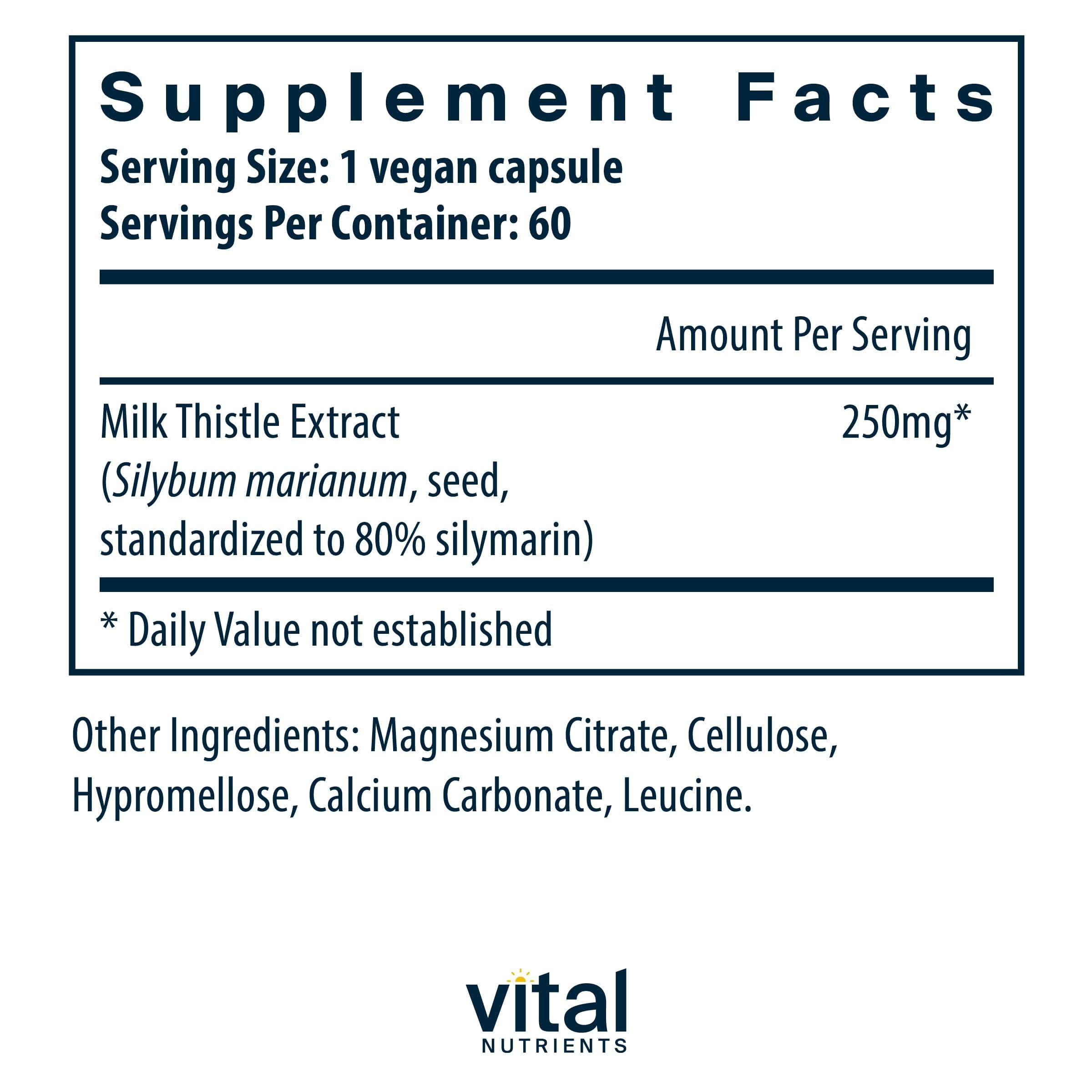 Vital Nutrients Cardo Mariano 250 mg etiqueta frontal, información clara de ingredientes.