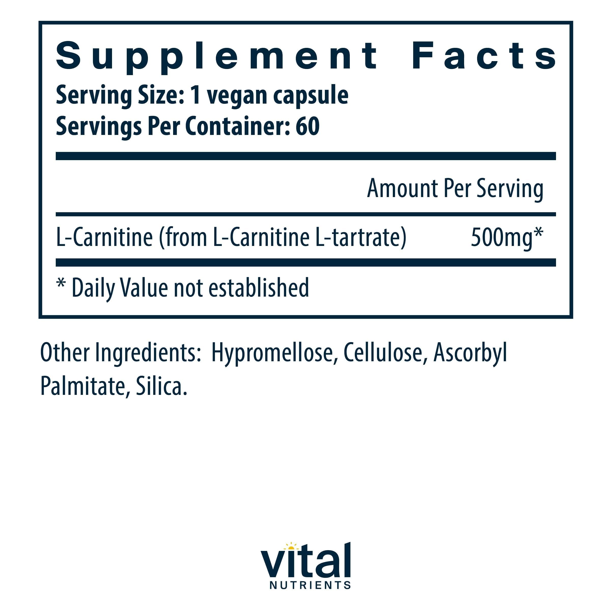 Vital Nutrients Carnitina 500mg, etiqueta detallada con ingredientes