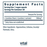 Vital Nutrients Carnitina 500mg, etiqueta detallada con ingredientes
