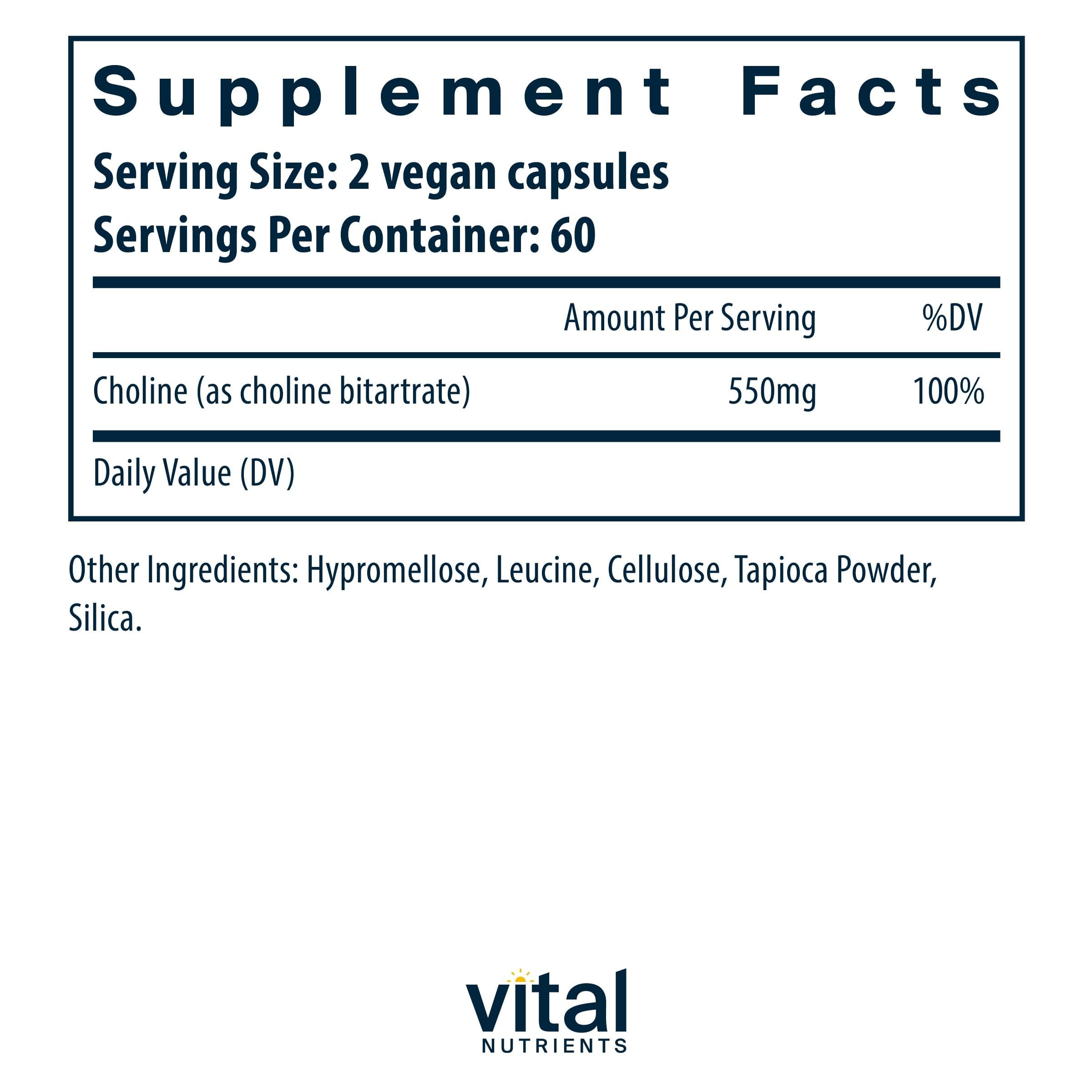Vital Nutrients Colina 550mg etiqueta detalle – información clara para la compra consciente