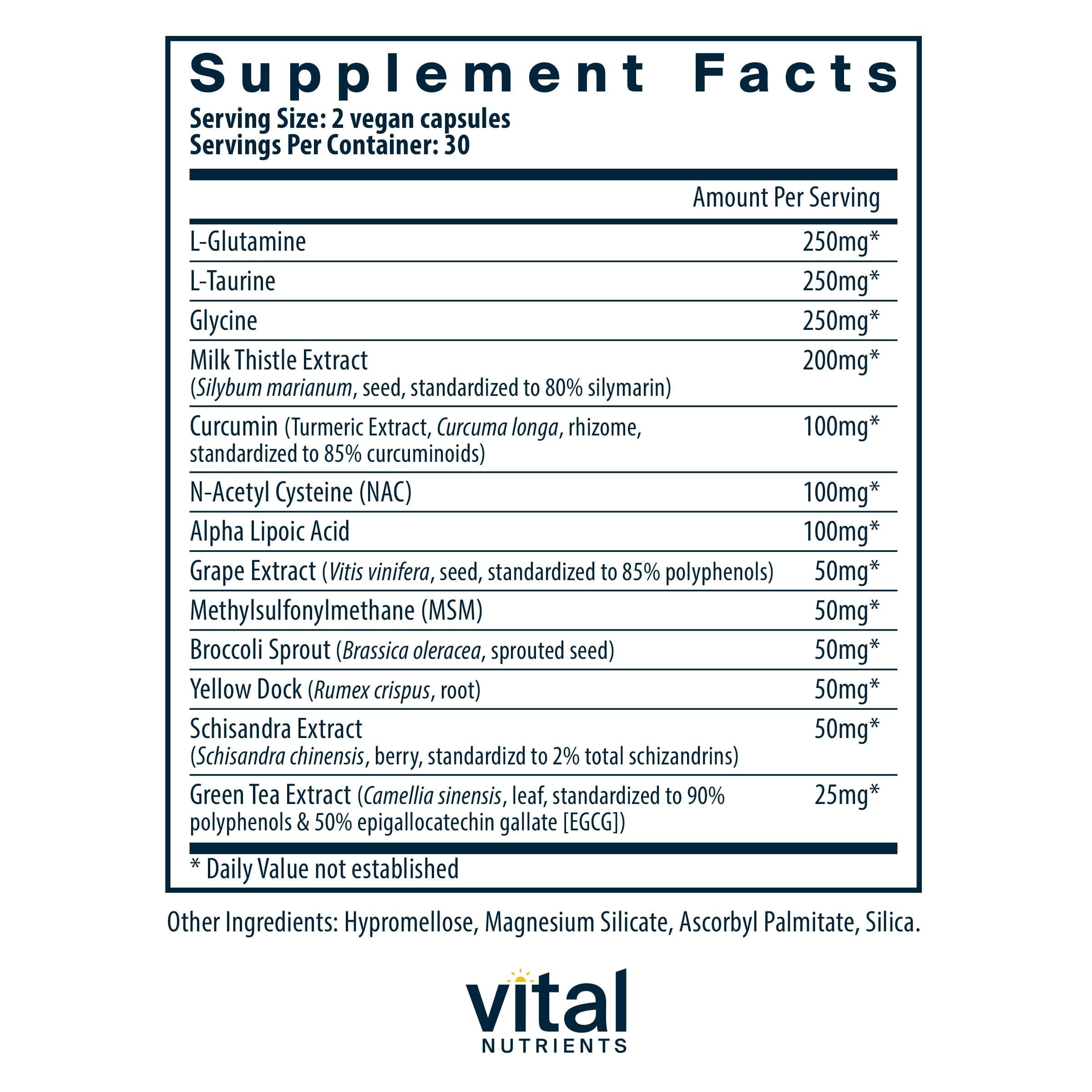 Vital Nutrients Detox Formula: ingrediente L-glutamina, soporte a la salud celular.