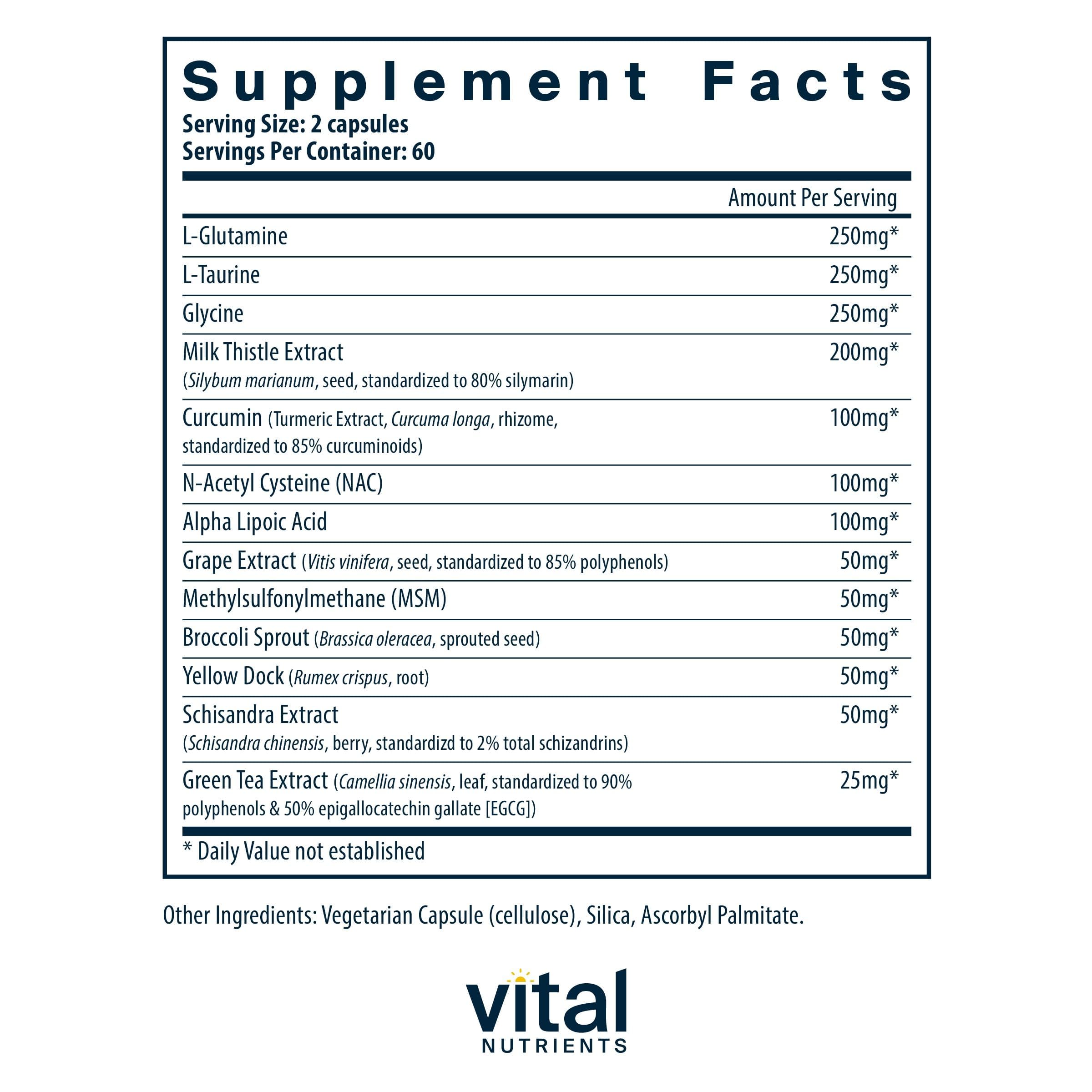 Vital Nutrients Detox Fórmula, ingredientes clave visibles, antioxidantes para apoyo natural