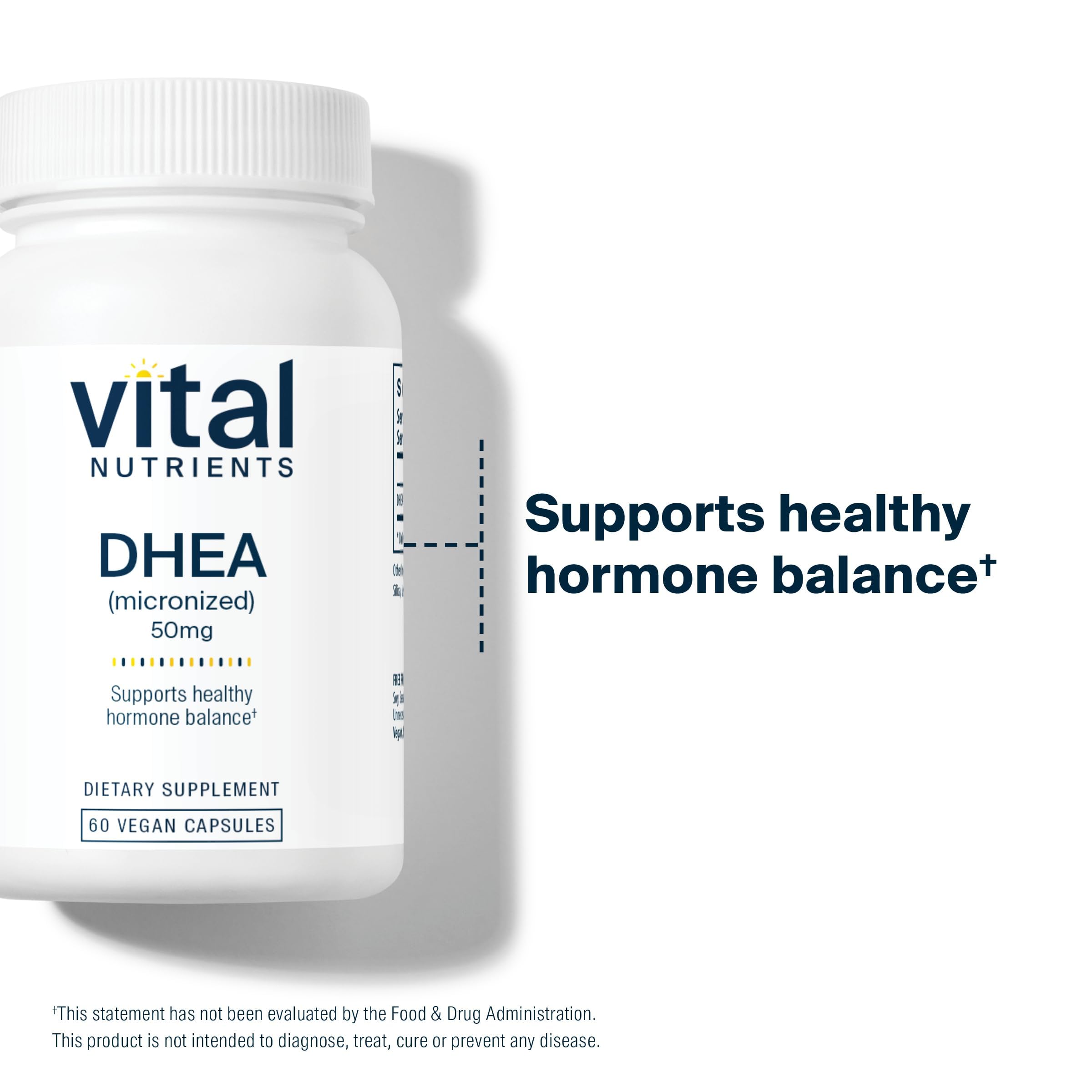 Vital Nutrients DHEA 50mg, cajas de empaque y sello de pruebas independientes