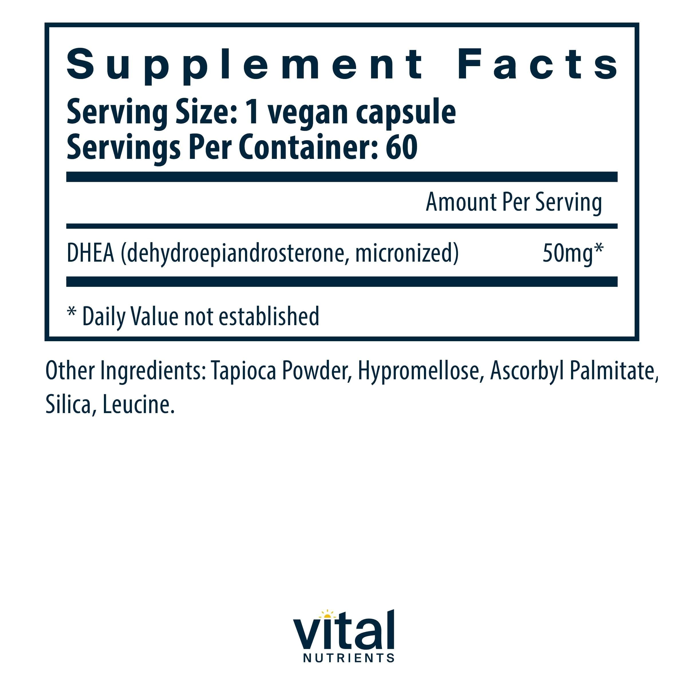 Vital Nutrients DHEA 50mg, cápsulas junto a la etiqueta, posible soporte al metabolismo