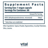 Vital Nutrients DHEA 50mg, cápsulas junto a la etiqueta, posible soporte al metabolismo