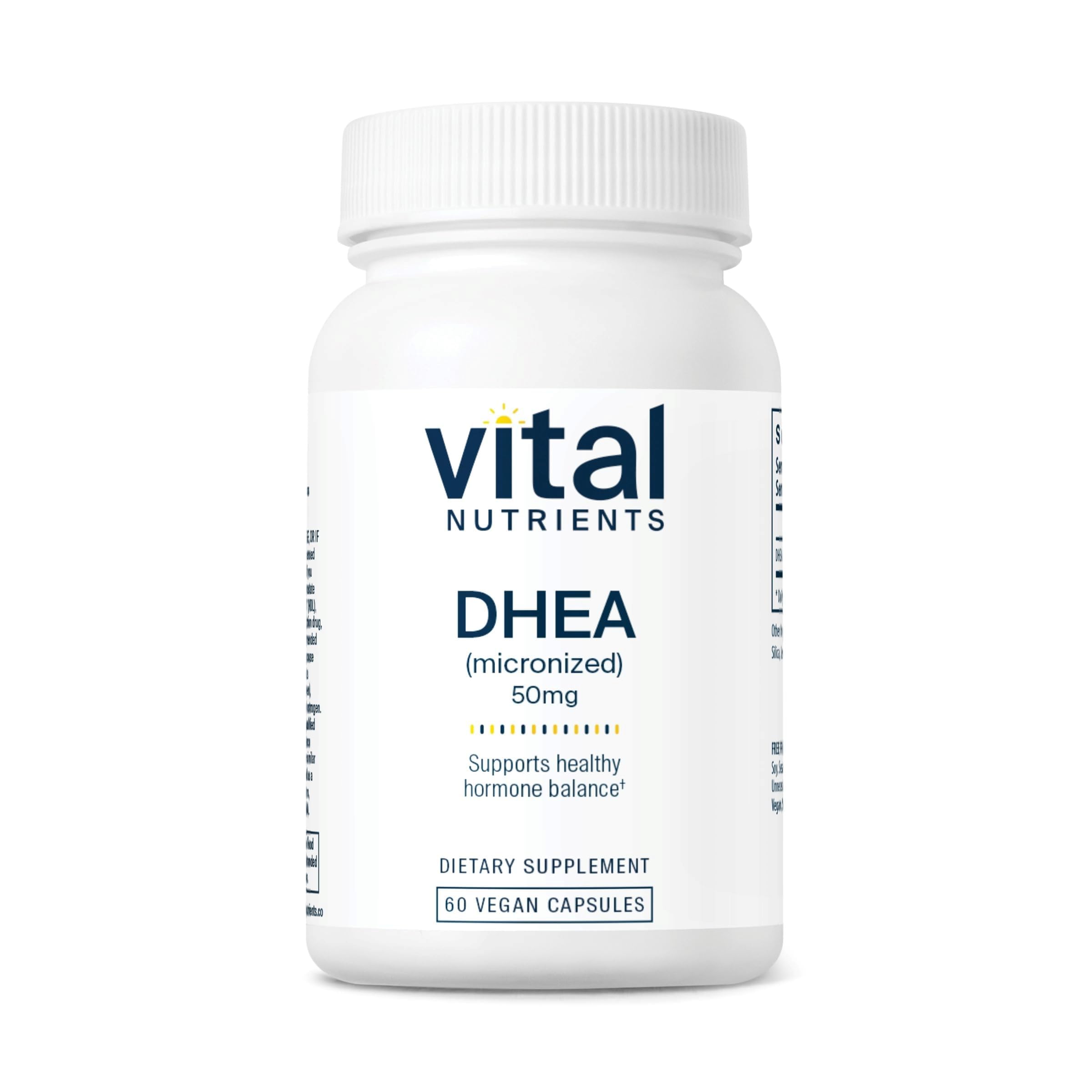 Vital Nutrients DHEA 50mg, cápsulas frente al frasco, posible apoyo hormonal equilibrado