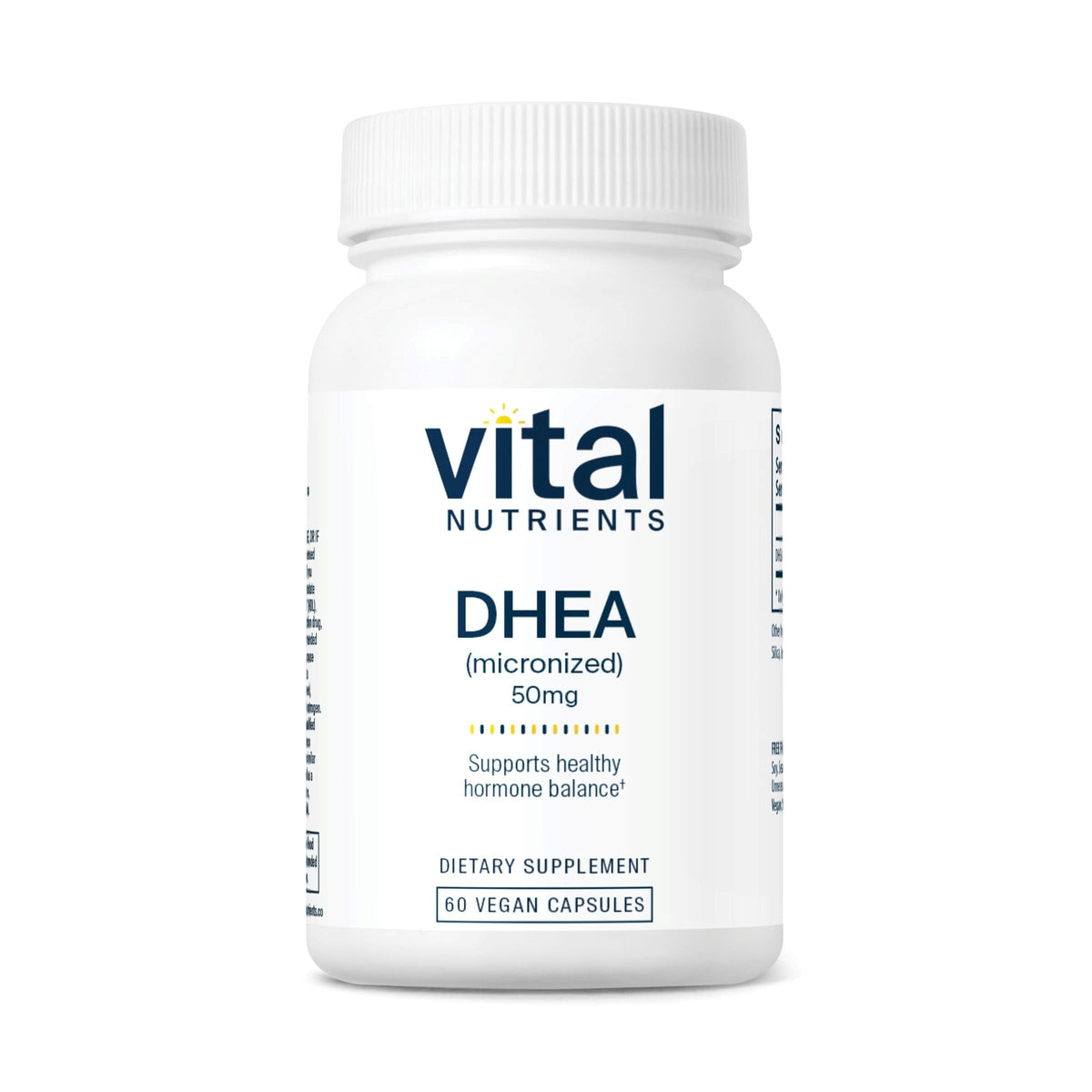 Vital Nutrients DHEA 50mg, cápsulas frente al frasco, posible apoyo hormonal equilibrado