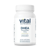 Vital Nutrients DHEA 50mg, cápsulas frente al frasco, posible apoyo hormonal equilibrado
