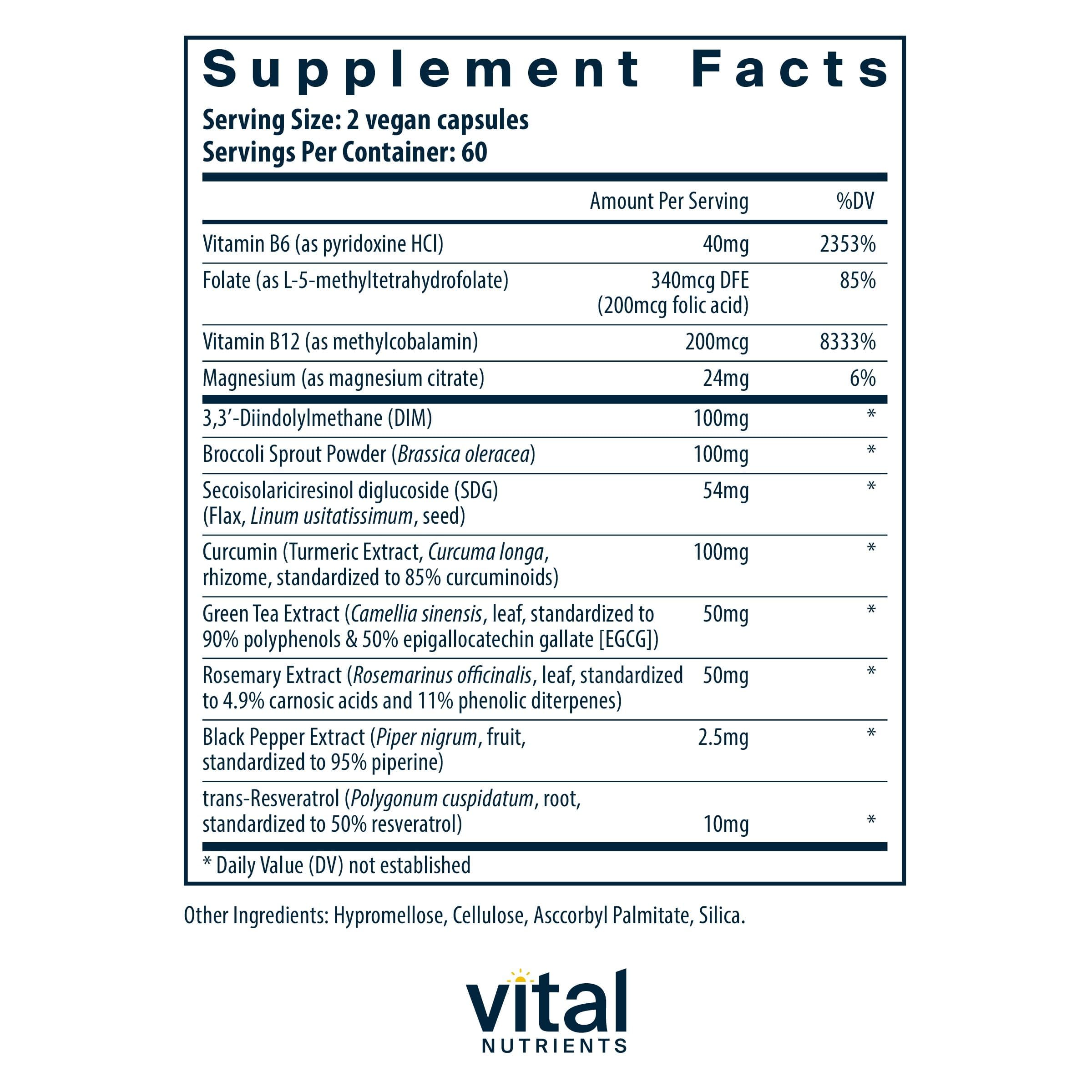 DIM vegetal en cápsulas para metabolismo hormonal suave de Vital Nutrients.