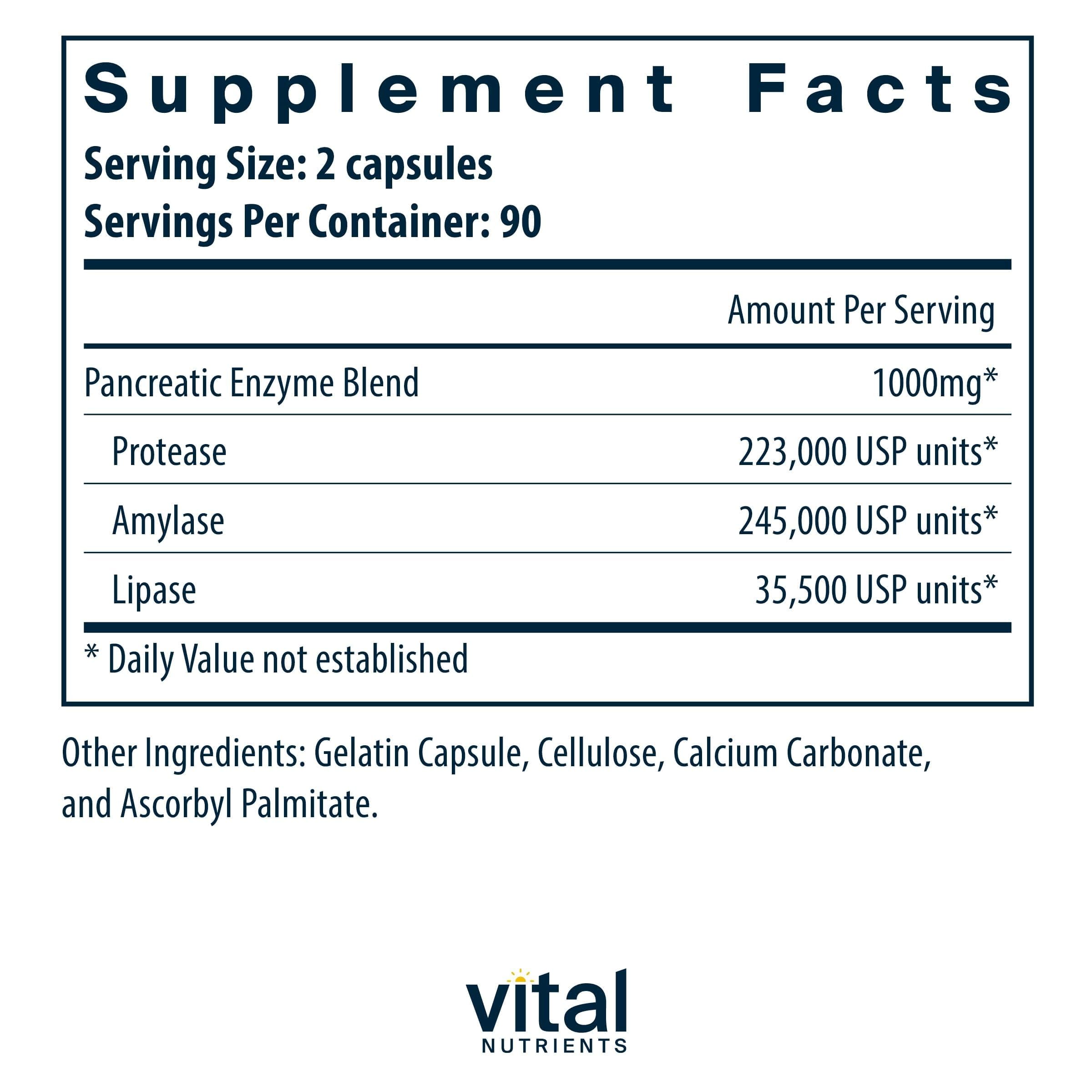 Vital Nutrients enzimas pancreáticas 1000mg etiqueta: fórmula limpia para digestión equilibrada.
