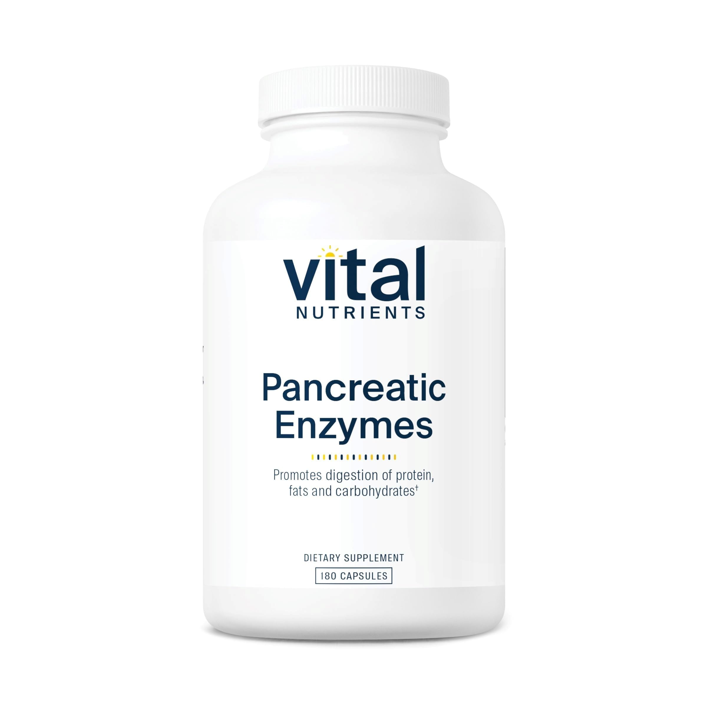 Vital Nutrients enzimas pancreáticas 1000mg frente: soporte digestivo suave tras comidas.
