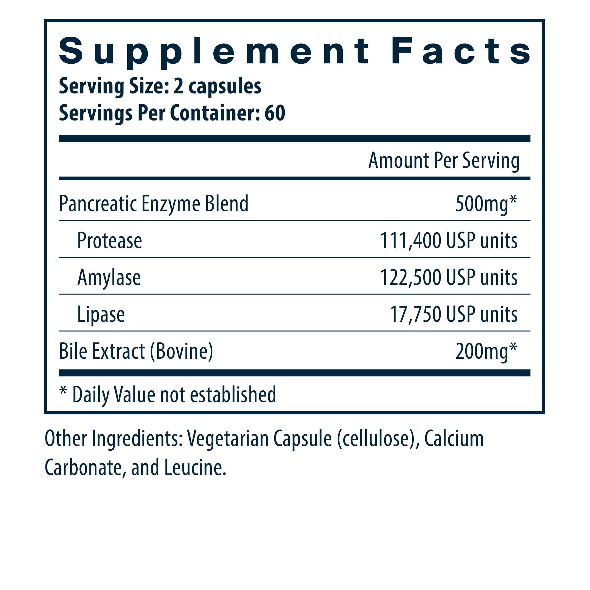 Etiqueta de Vital Nutrients destacando la fórmula pancreática y síntesis digestiva.