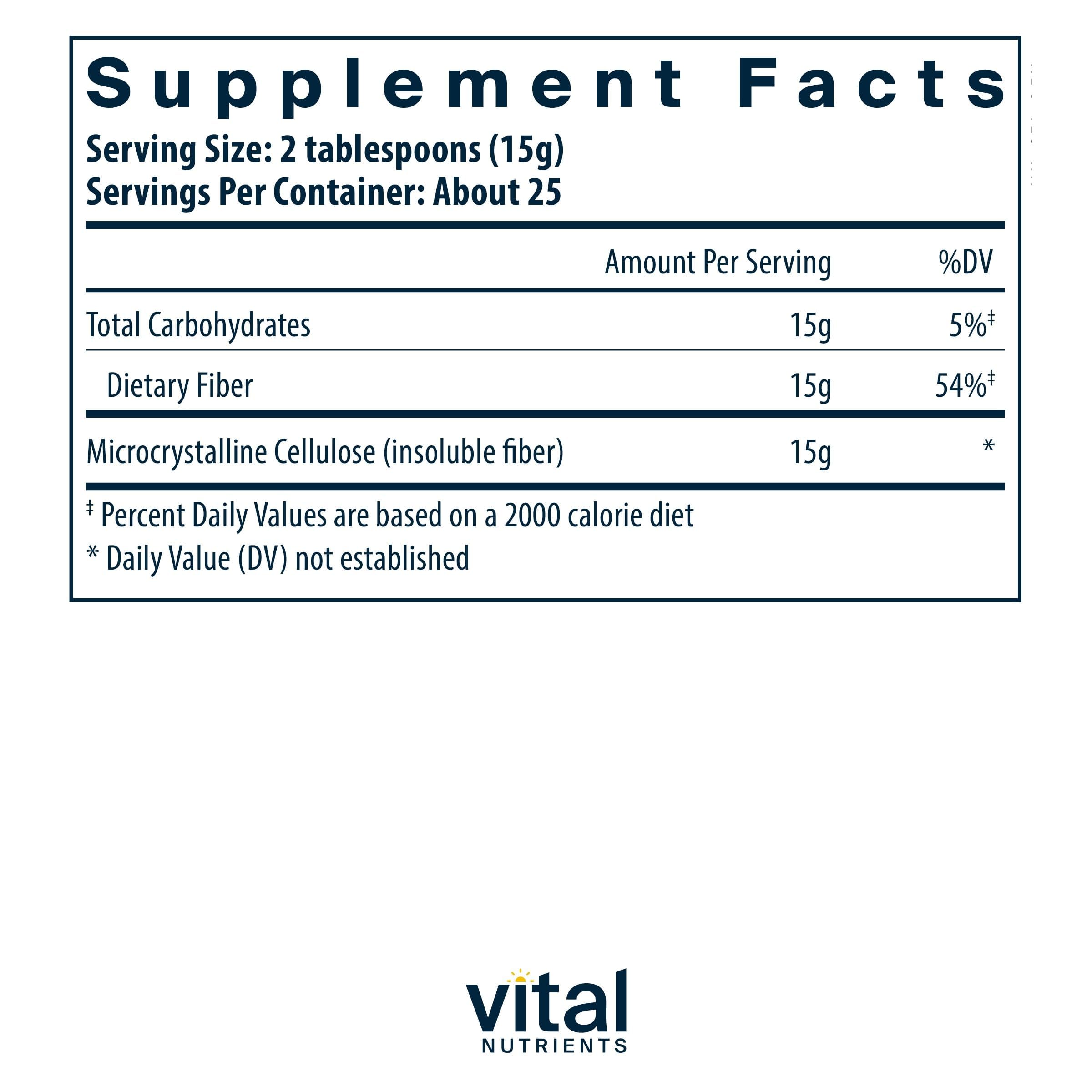 Vital Nutrients fibra de celulosa, textura suave lista para mezclar en bebidas.