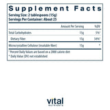 Vital Nutrients fibra de celulosa, textura suave lista para mezclar en bebidas.