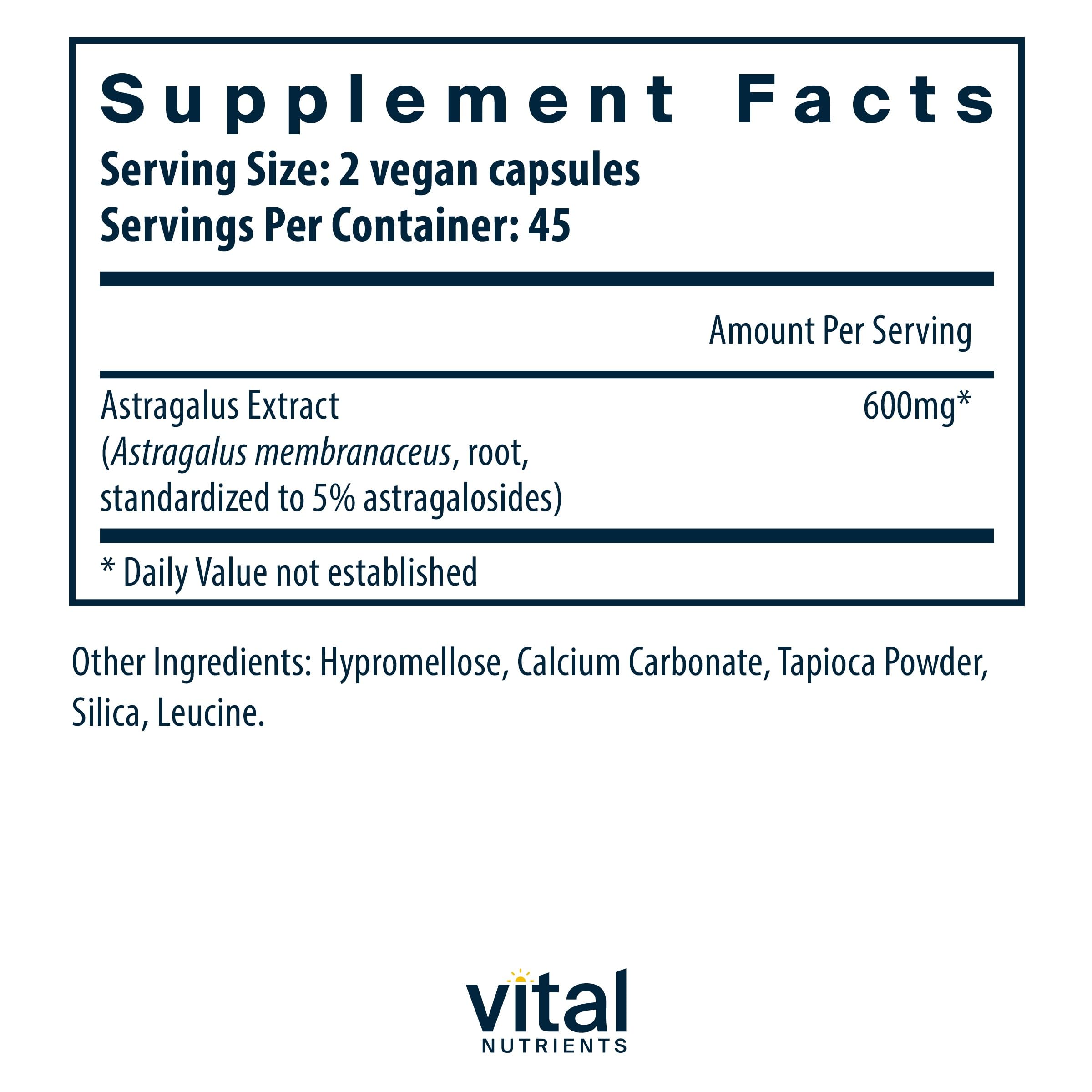 Frasco de Vital Nutrients con cápsulas de astrágalo veganas de 300 mg para bienestar diario.
