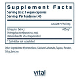 Frasco de Vital Nutrients con cápsulas de astrágalo veganas de 300 mg para bienestar diario.