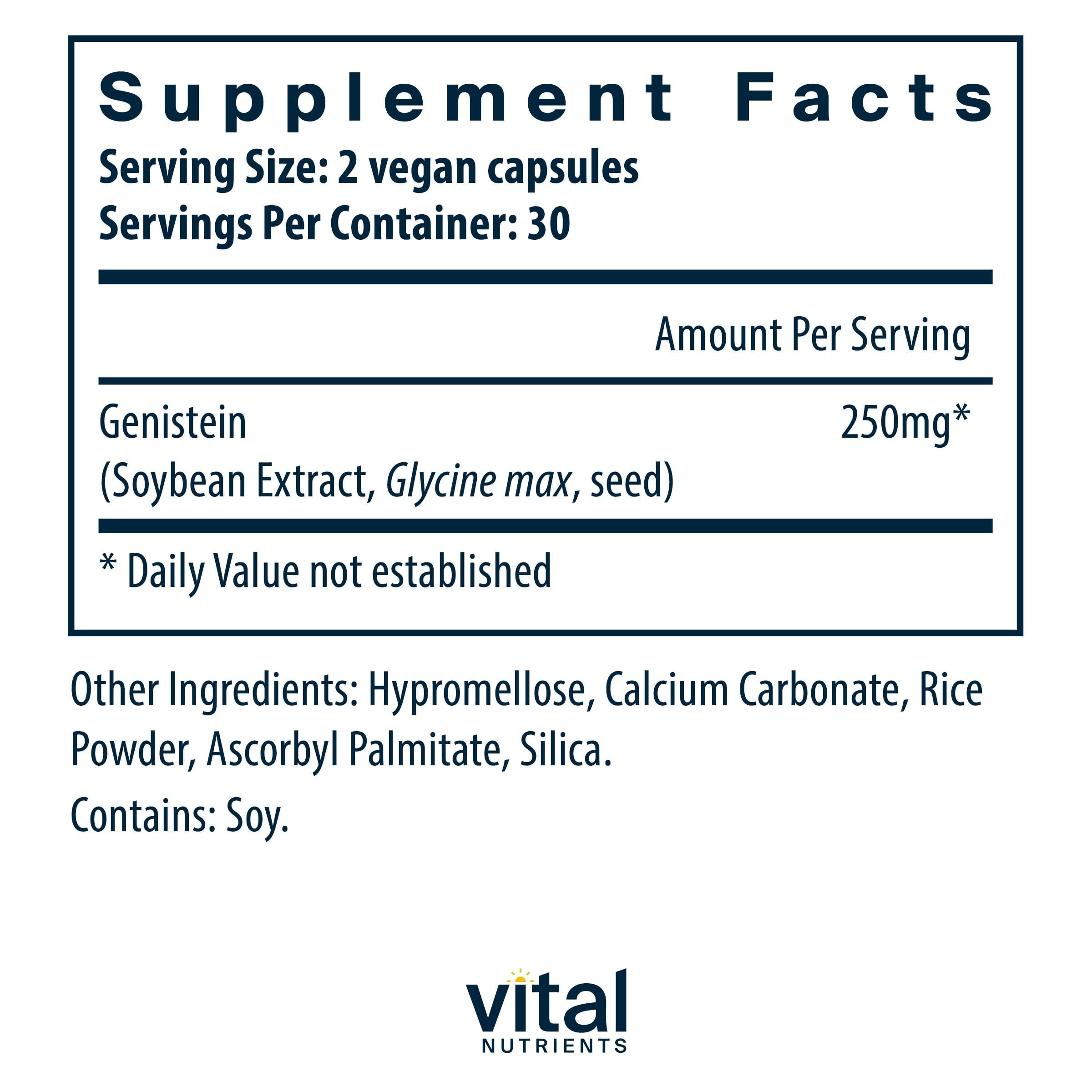 Genisteína de Vital Nutrients, cápsulas en primer plano para uso diario seguro.