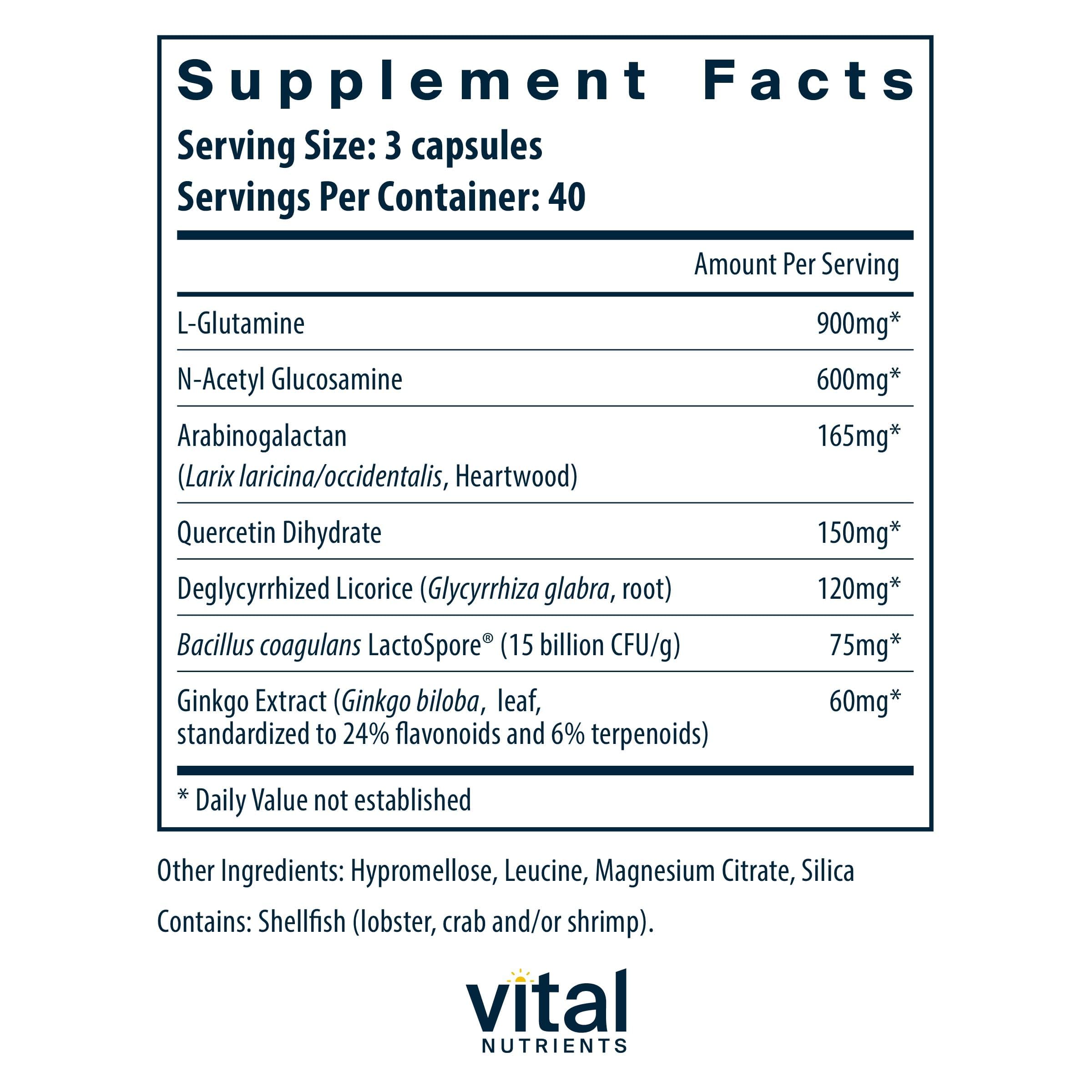 Vital Nutrients GI Repair etiqueta frontal con información de la fórmula y beneficios.